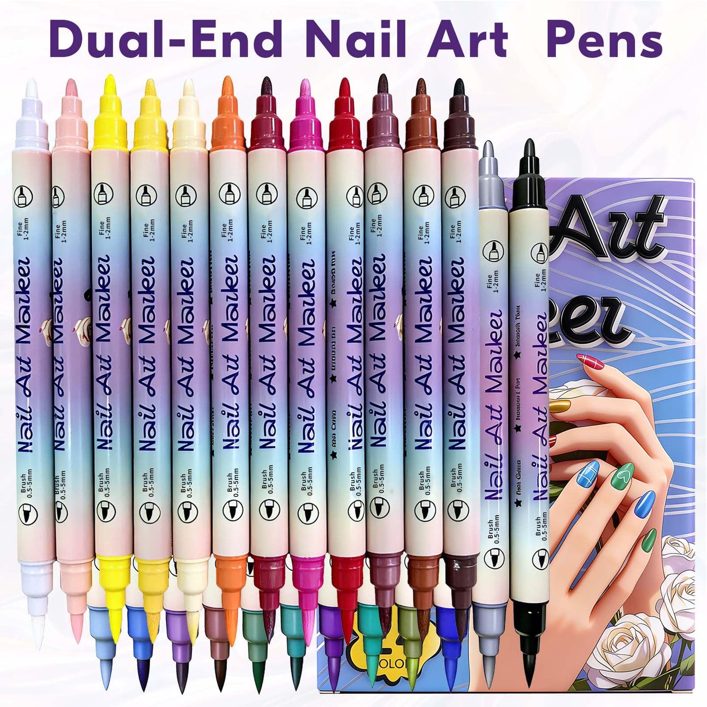Nail Art Acrylic Marker Pens Stencils Set, 24 Dual Tip Markers + 14 Nail Stencils Heart Lips Flowers Butterfly Nail Stickers for Women Girl, Quick-Dry Nail Art Dotting Pen, DIY Nails Art Design Tools