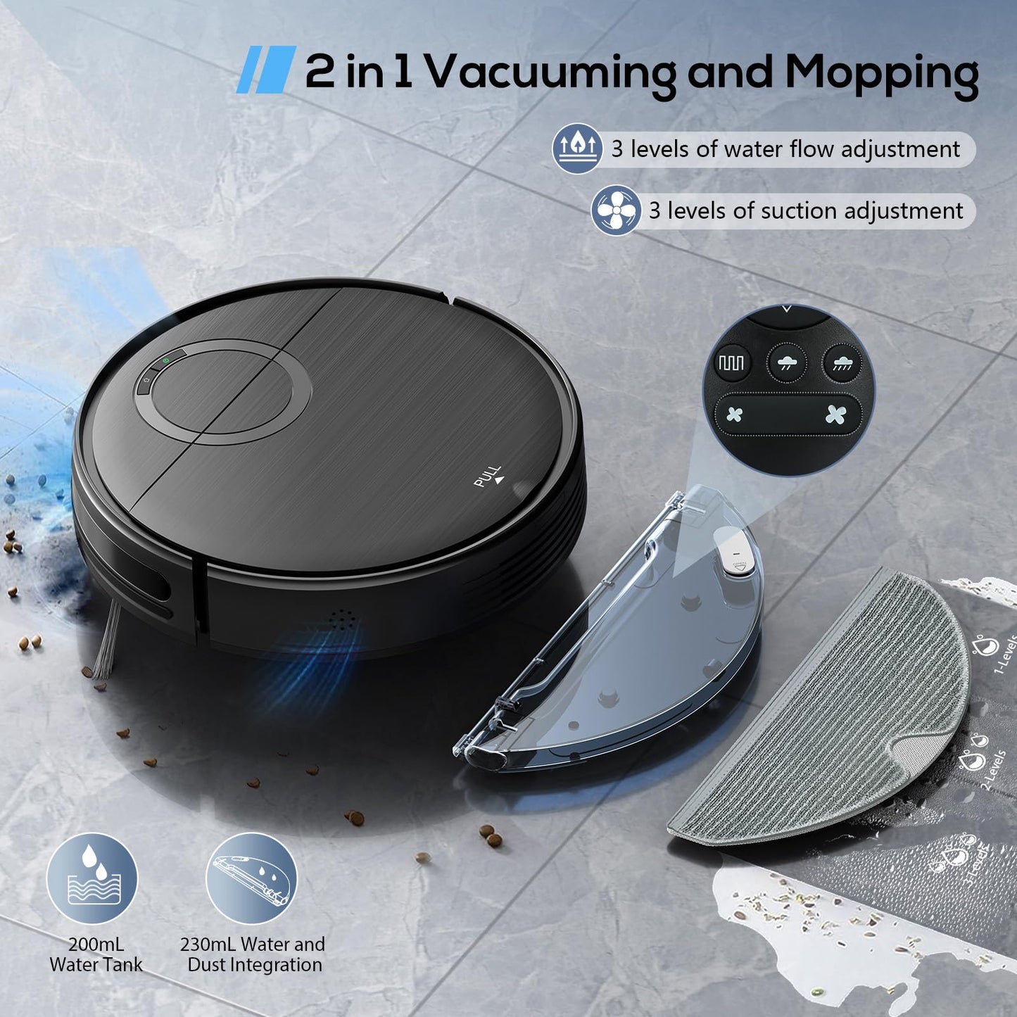 UMMUND Robot Vacuum and Mop Combo, 2 in 1 Mopping Robotic Vacuum Cleaner with Schedule, Wi-Fi/App/Remote, Strong Suction, Self-Charging, Slim, Ideal for Hard Floor, Pet Hair, Low-Pile Carpet