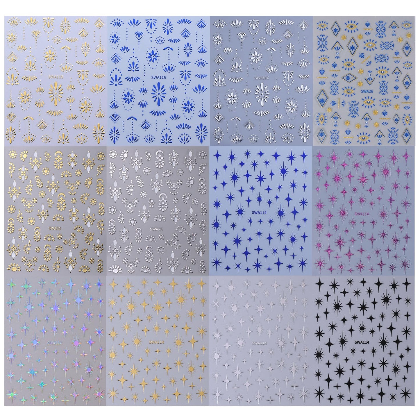 Bohemian Stickers for Nail Art 12PCS Boho Styles Nail Decals Blue Totem Gothic Nails Art Desigsn Metallic Gold Silver Star Self-Adhesive Sliders for Gel Polish Acrylic Supplies DIY Manicure Decor