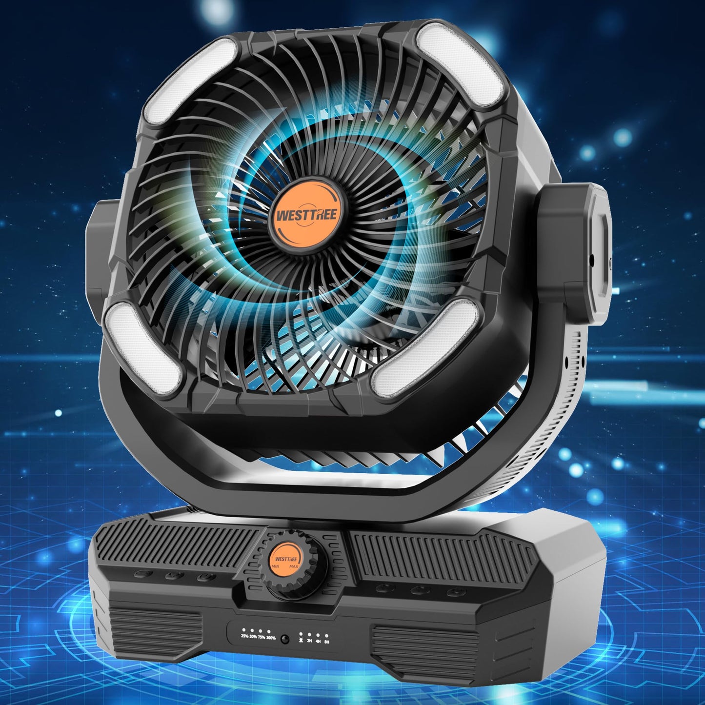 WESTTREE Battery Powered Fan Powerful Airflow Battery Operated Air Circulator Fan for Bedroom,Quiet & 360°Auto Oscillating Rechargeable Camping Fans with LED Light (RGBW) X66 Black