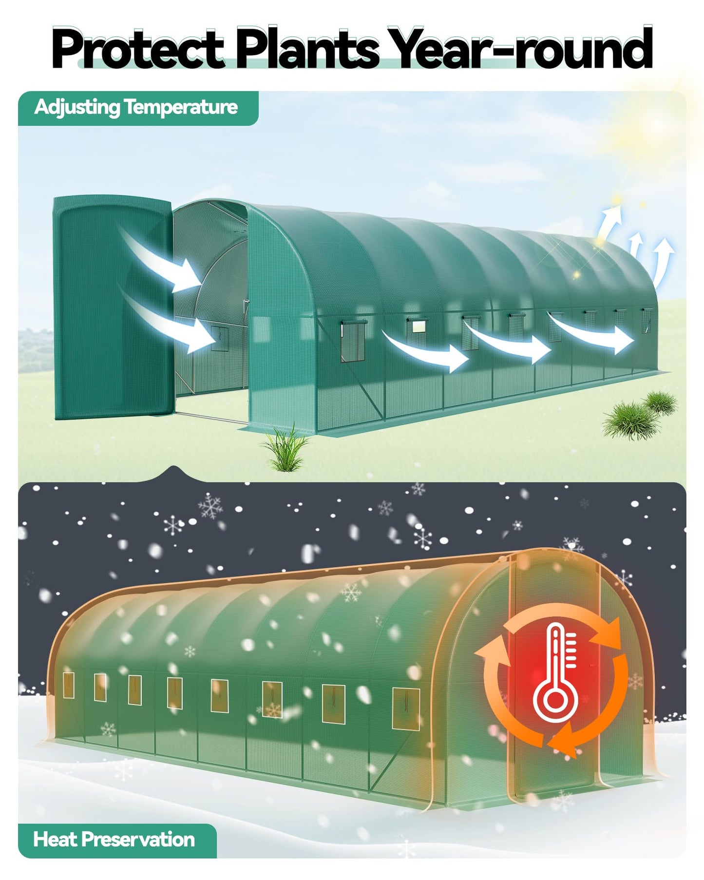 GarveeLife Walk-in Greenhouse Tunnel 28x10x7.5 ft,Galvanized Steel Tunnel Greenhouse with Doors and Windows,Garden Hot House for Home Gardening Seed Germination