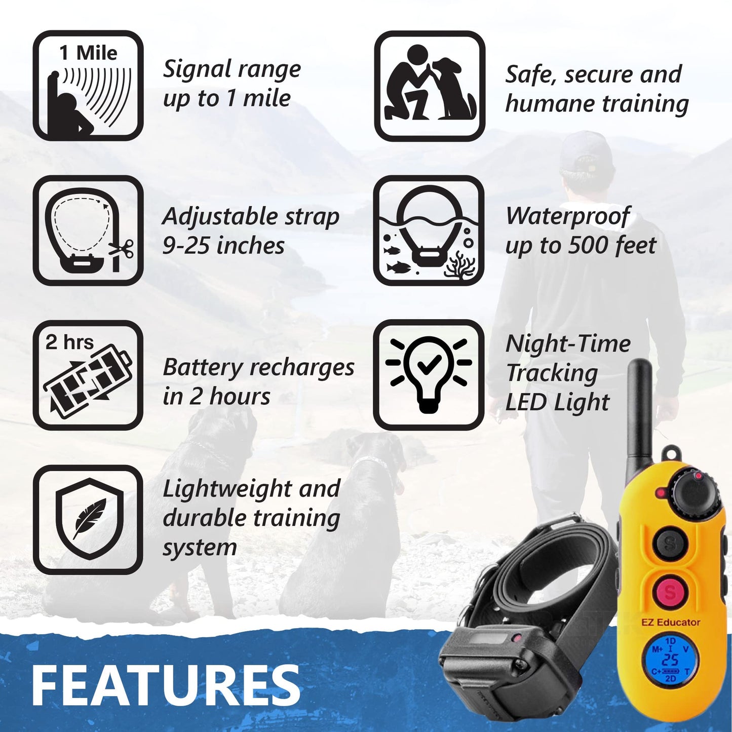 Educator EZ-900 E Collar for Dog Training with Remote - 1/2 Mile Range, Waterproof, 256 Blunt Stimulation Levels, Tone or Vibration Mode, Night Tracking Light for Small, Medium & Large Dogs