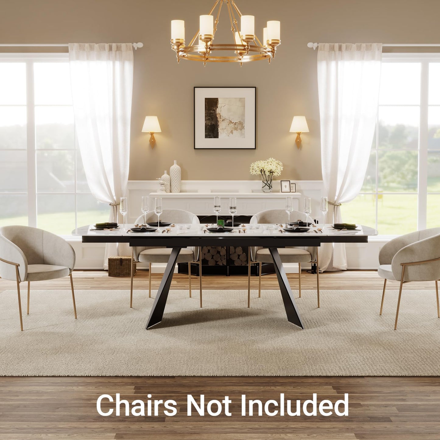 Extendable Dining Table with Leaf, 65"-95" Rectangular Sintered Stone, Marble-Look Top, Seats 6-12, Metal Base, Easy-Clean, Heat & Scratch Resistant, Dining Room/Kitchen Table for Family Gatherings