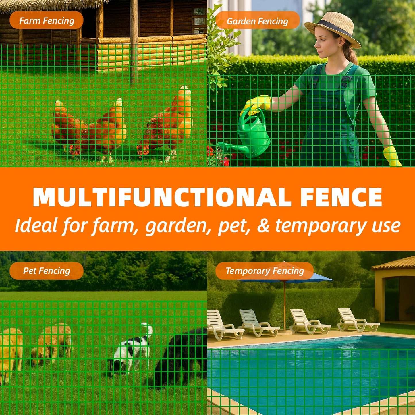 Temporary Fencing, 3' x 50' Portable Dog Fence with 10 Step-in Posts, Ground Stakes & Wind Ropes, Plastic Mesh Snow Safety Barrier for Garden, Backyard, Yard & Outdoor Animal Protection (Green)