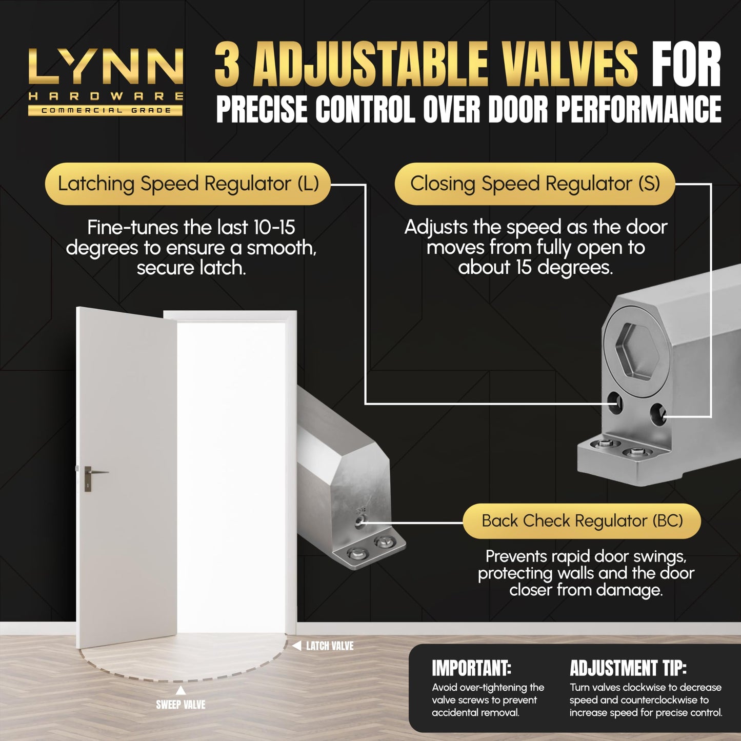 LYNN HARDWARE Medium Duty Automatic Door Closer (Dark Bronze) - Highly Durable Cast Aluminum, Commercial or Home Use, Adjustable Speed Controls, 3 Mounting Options, 3 Hour Fire Rated (DC6003 Model)