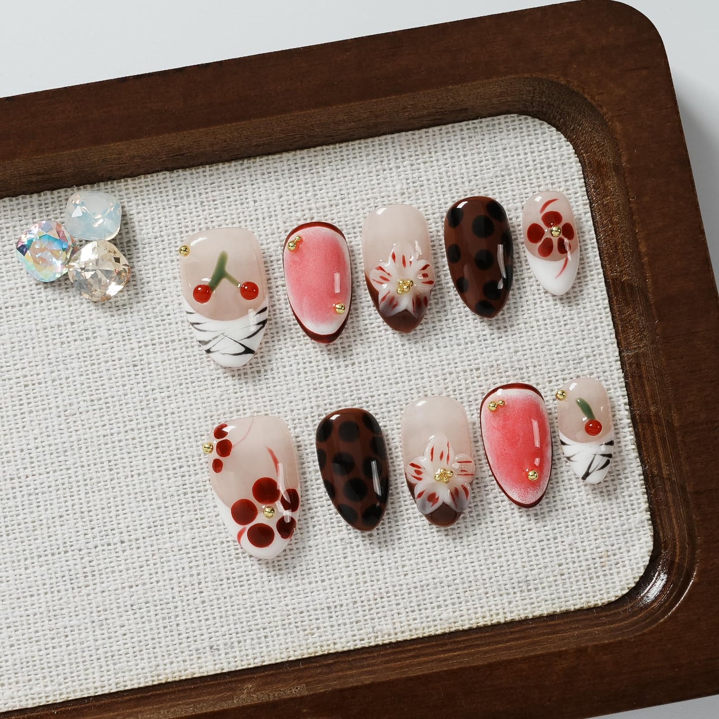 Tesytto Handmade Short Almond Press on Nails - Leopard Print & Cherry Floral Design, Coffee Dot Glossy French Tip Reusable False Nails (Leopard Cherry Fun, L)