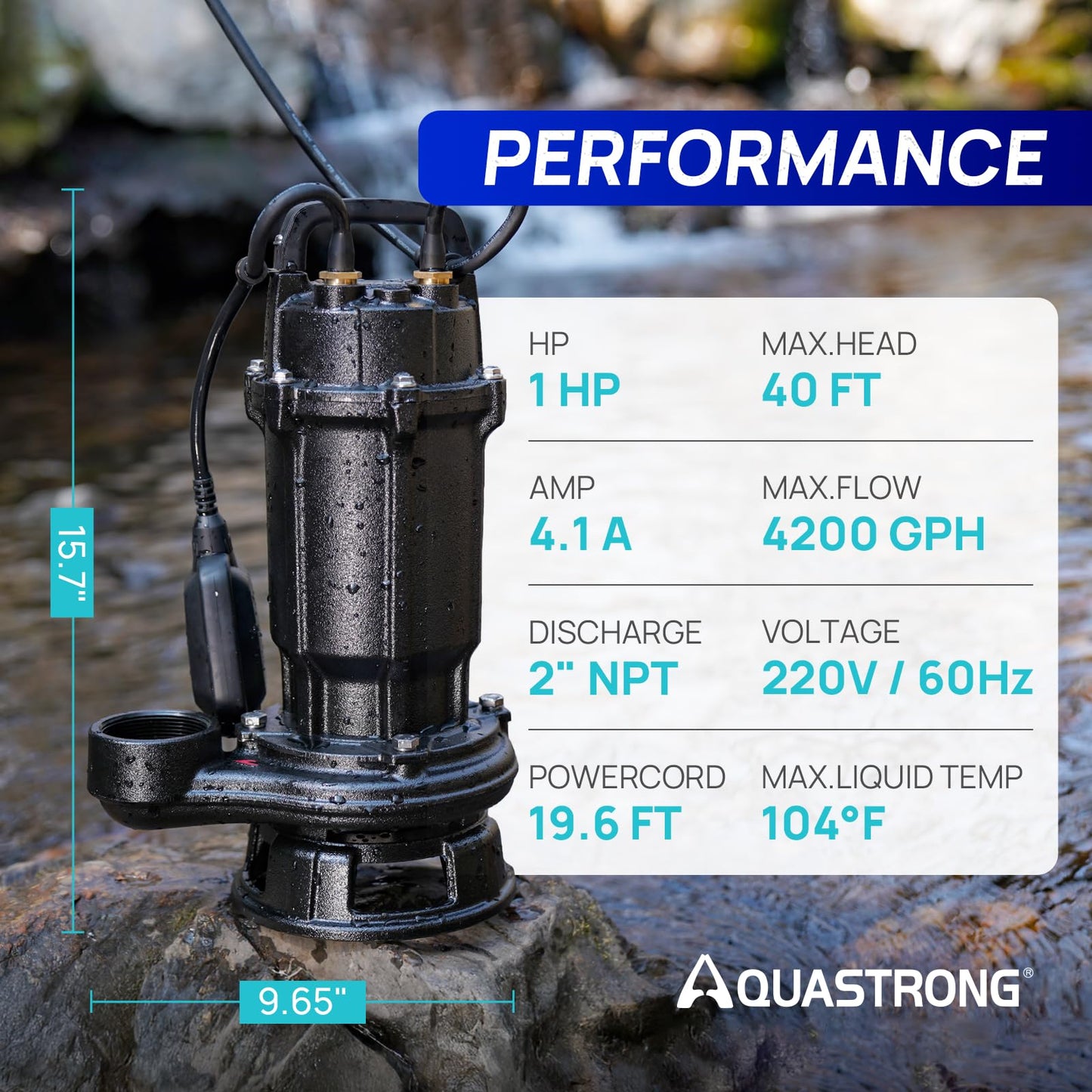 Aquastrong 1 HP Sewage Grinder Pump, 220V 4200 GPH Sewage Pump 2 inch Discharge with Auto Float Switch for Basement Sump Basin and Sewage Well