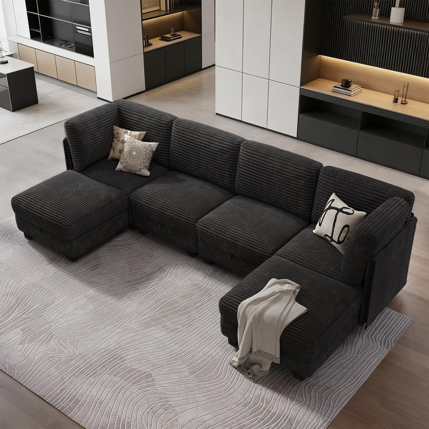 OhaiAura Modular Sectional Sofa with Adjustable Backrest, Convertible L/U-Shaped Sleeper Couch for Living Room, Cloud Sofa Bed Modern Reversible Design, Black