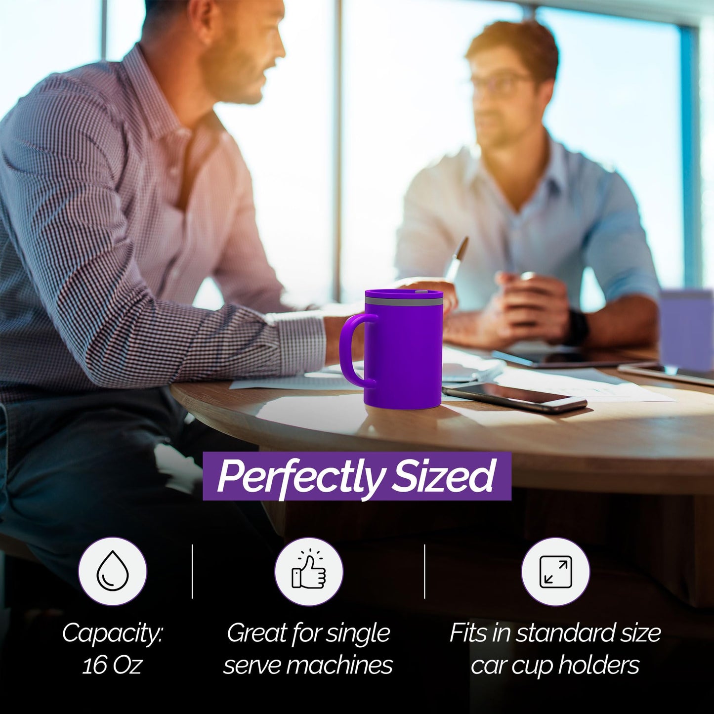 Copco Iconic 16oz Double Wall Insulated Desk Mug with Lid & Handle, Set of 2, BPA-Free Reusable Plastic, Spill-Proof, Microwave & Dishwasher Safe, Wide Mouth, Cup Holder Friendly (Purple/Light Purple)