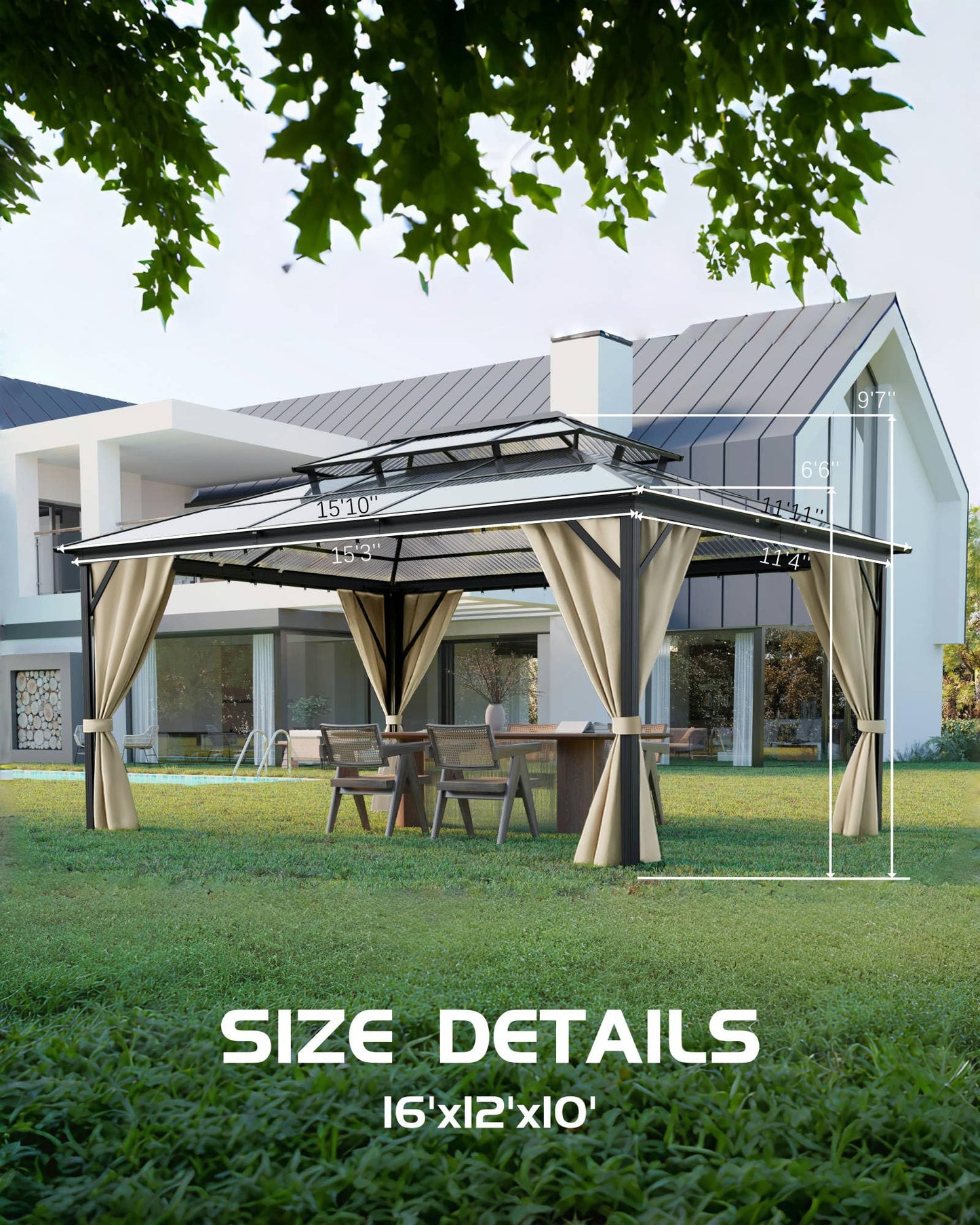 GarveeLife Hard top Gazebo 12 ft x16 ft for All Weather, Double Polycarbonate Sheets Roof, Aluminum Alloy Frame, Net, and Curtain, Permanent Building for Patio, Deck, Backyard, Lawn, and Garden