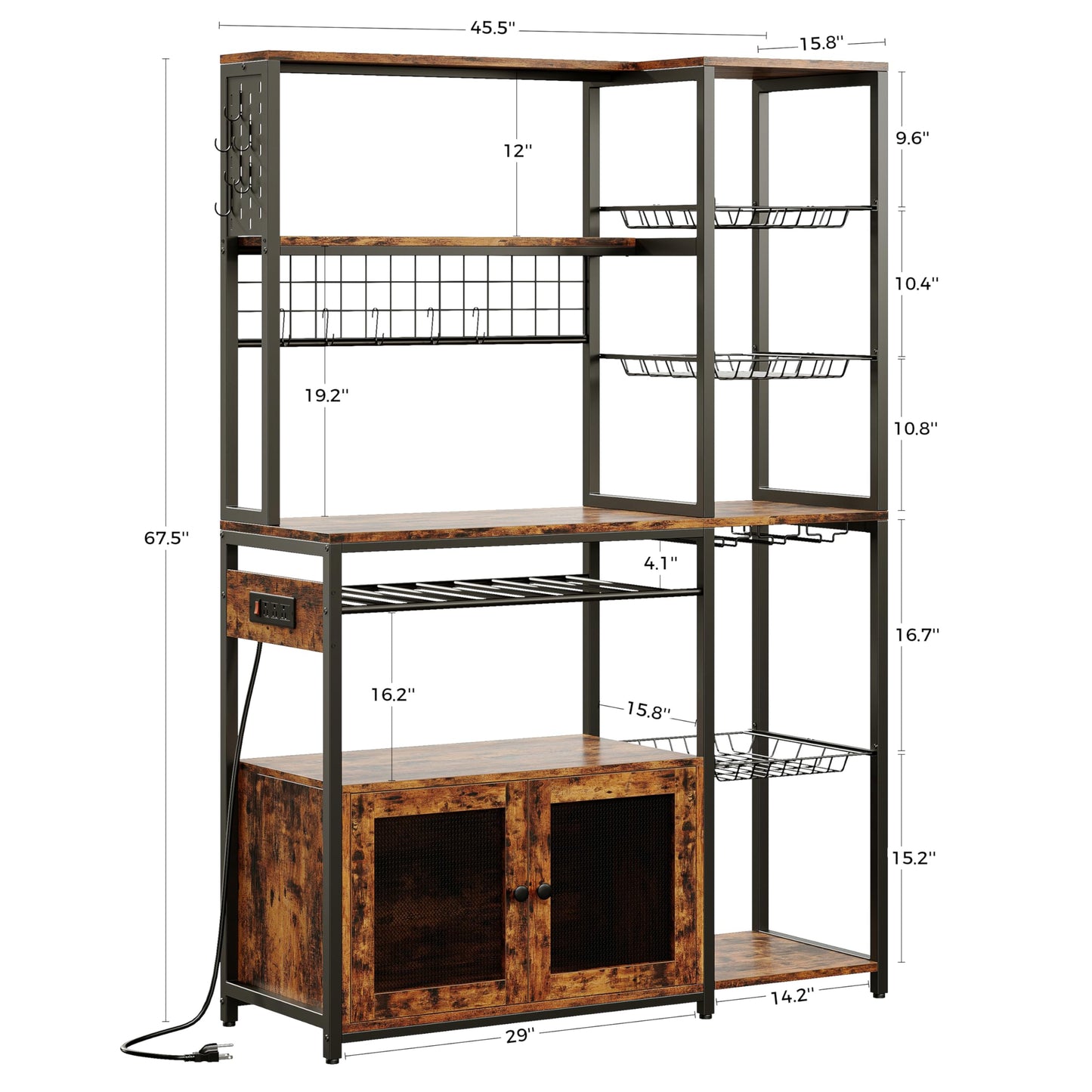 IRONCK Bakers Rack with Power Outlet & Storage, 45.5" W Coffee Bar Cabinet with Wine Rack & Pegboard, Industrial Microwave Stand with 10 Hooks & 3 Wire Basket, Kitchen Shelves, Rustic Brown
