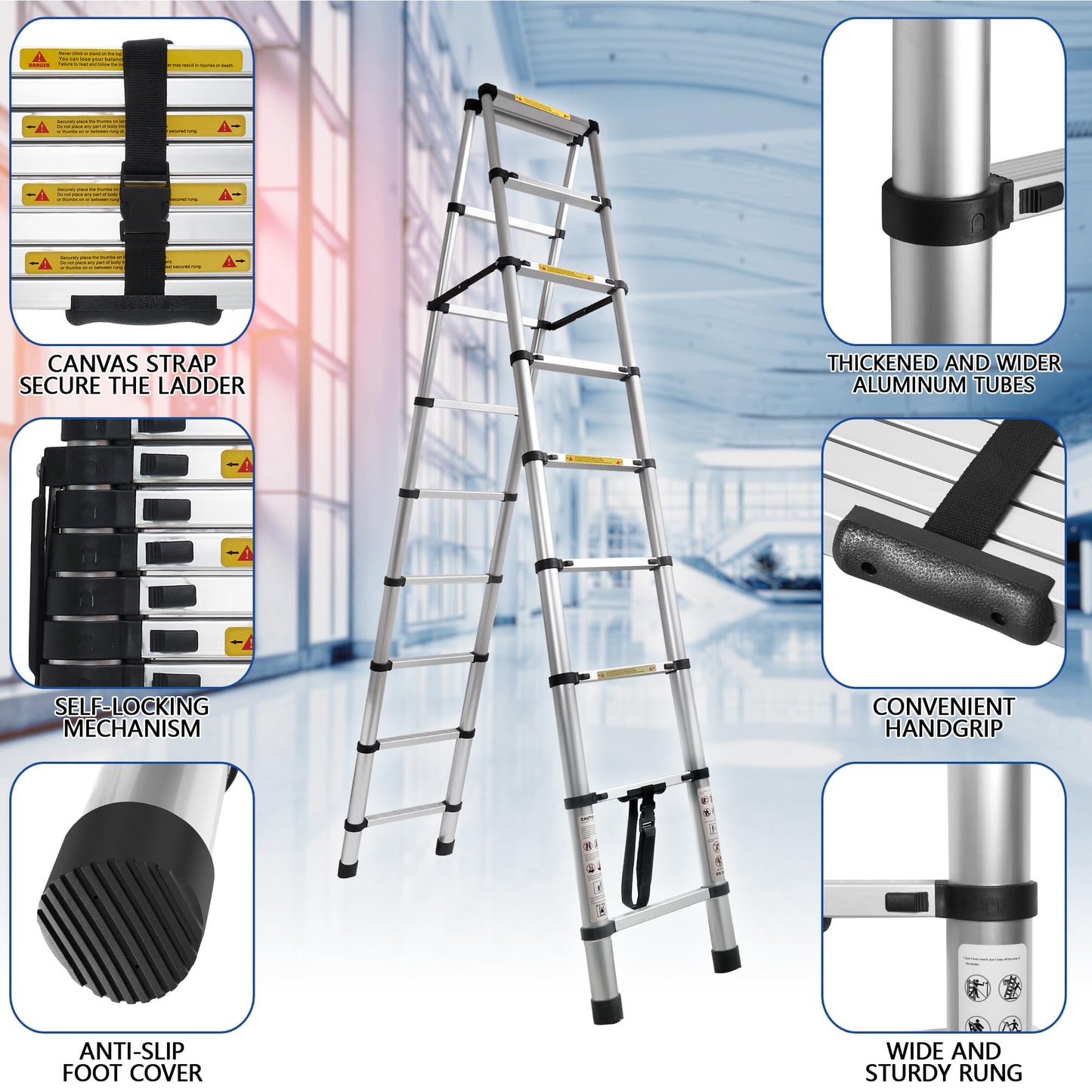 8.53 FT A-Frame Aluminium Telescoping Ladder,9+9 Step Ladder,330LB Load Capacity,Portable Telescopic Folding Extension Ladder Heavy Duty Collapsible (Sliver, 2.6m+2.6m/17FT A Frame)