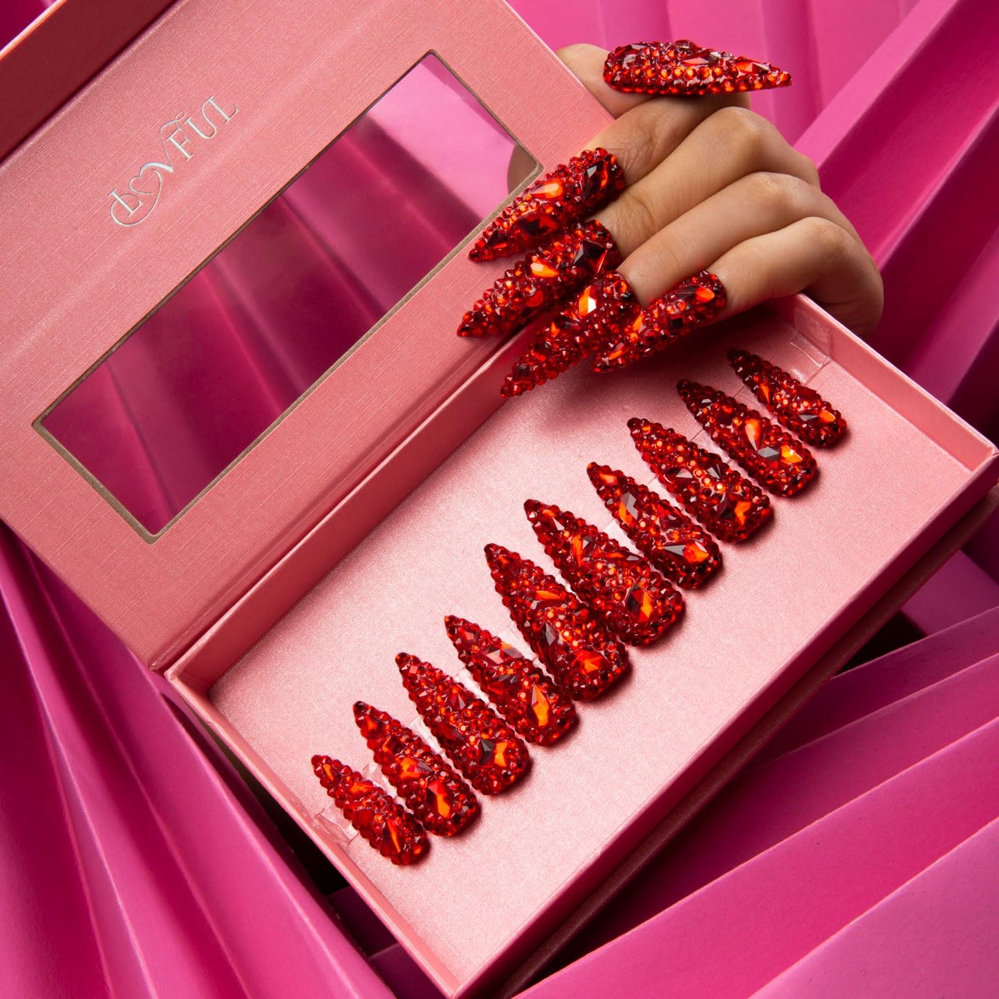 LOVFUL Press on Nails Flaming Luxury Red Stiletto | Handmade with Full Covered Crystals| Reusable Fake Nails | Stiletto Mid Length 1.7 in | H39-M
