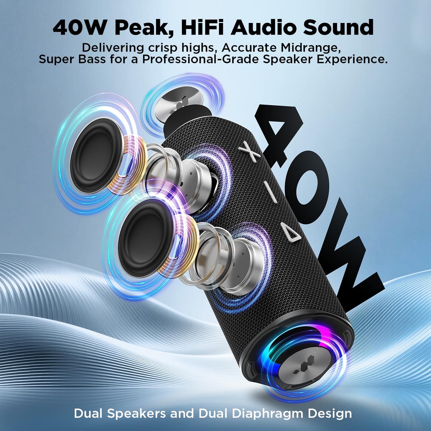 MIATONE Bluetooth Speaker 40W BT 6.0 Outdoor Portable Bluetooth Speakers with 3 EQ,Deep Bass,24H Playtime TWS,IPX7 Waterproof Shower Speakers Bluetooth Wireless Portable Speaker for Party/Beach-Black