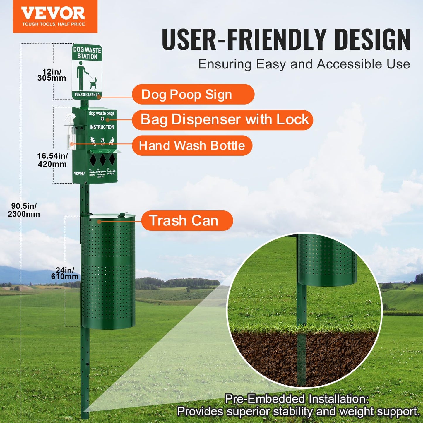 VEVOR Dog Waste Station with Hand Wash Bottle, 11.5 Gallons Pet Waste Bin with 50 Can Liners, Bag Dispenser & 600 Waste Bags, Outdoor Dog Waste Disposal System for Backyard