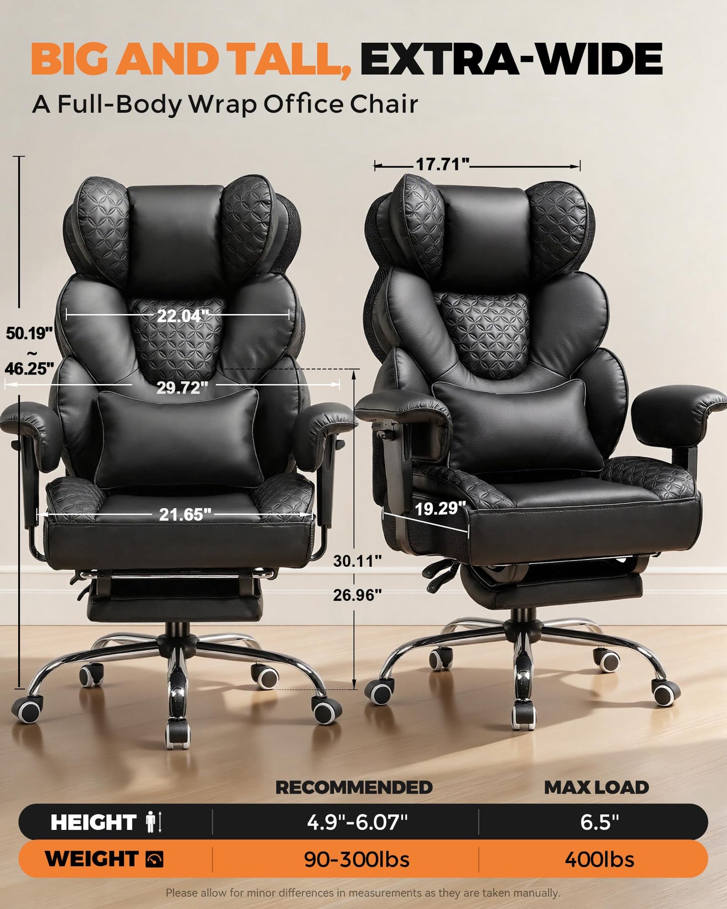 COMHOMA Big and Tall Office Chair with Upgrade Footrest, Heavy Duty Gaming Chair High Back Executive Chair with Spring Lumbar Support for Lower Back Pain Relief, 150°Reclining Adjustable Armrests