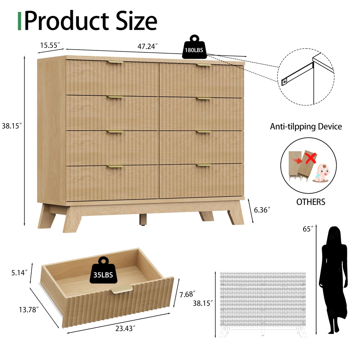 Fluted Dresser for Bedroom with 8 Drawers, 48" Wide Modern Chest of Drawers with Metal Handle, Wooden Dresser TV Stand, Wood Closet Clothes Storage Organizer for Living Room, Hallway, Natural Oak