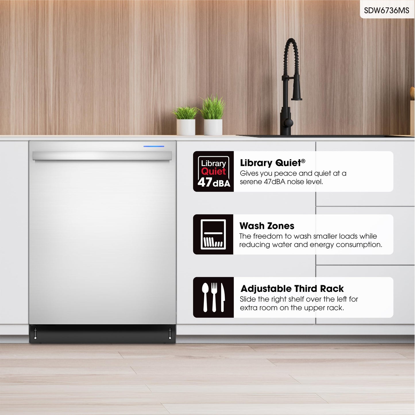 Sharp SDW6736MS 24-inch Stainless Steel Dishwasher, Third Rack, Library Quiet 47 dB, Power Wash Sprayer