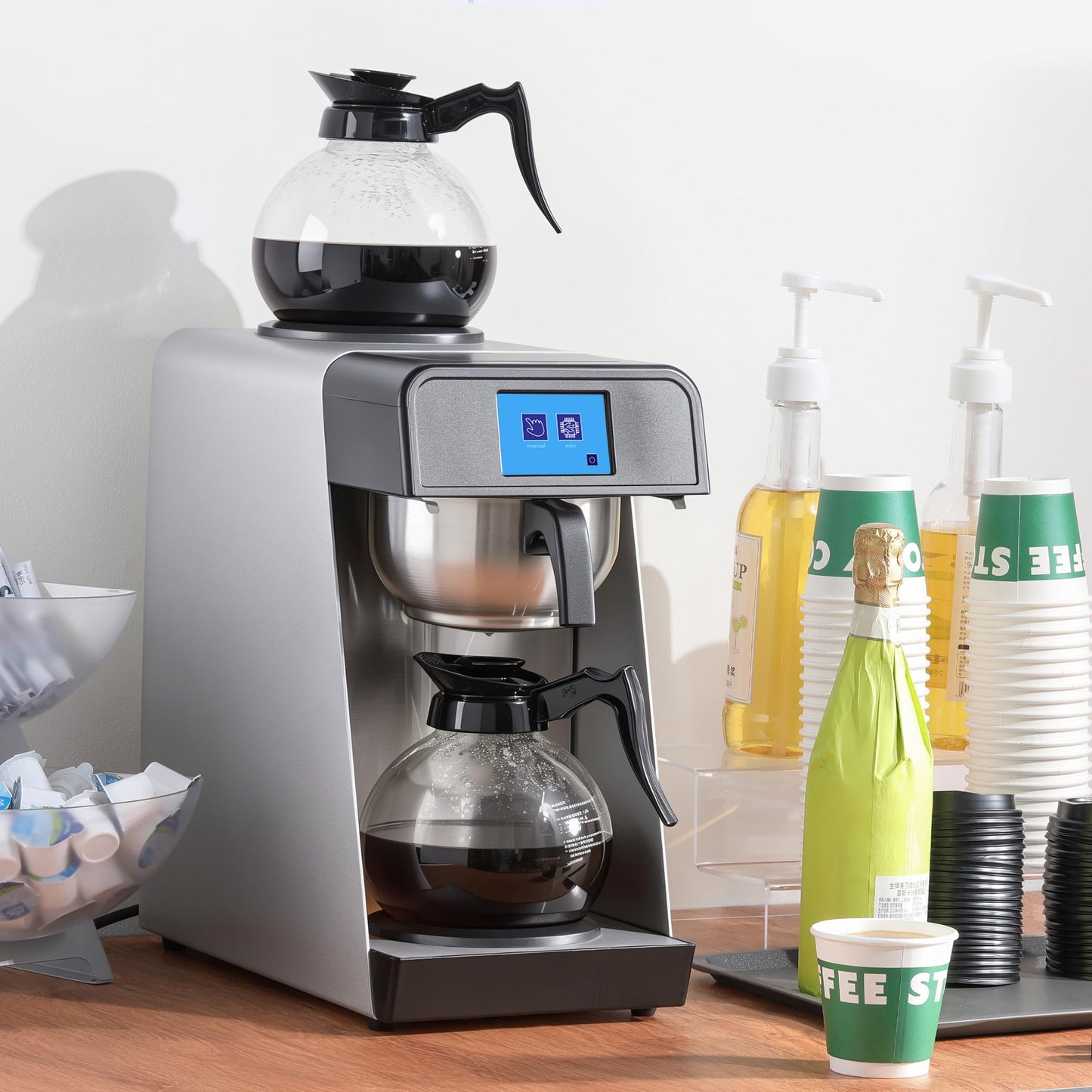 NUPANT 12-Cup Commercial Drip Coffee Maker 1.8L Auto Filling Pour Over Coffee Machine with 2 Glass Carafes, 2 Warmers, LCD Panel, Automatic Stainless Steel Coffee Brewer for Cofe Bar and Restaurant
