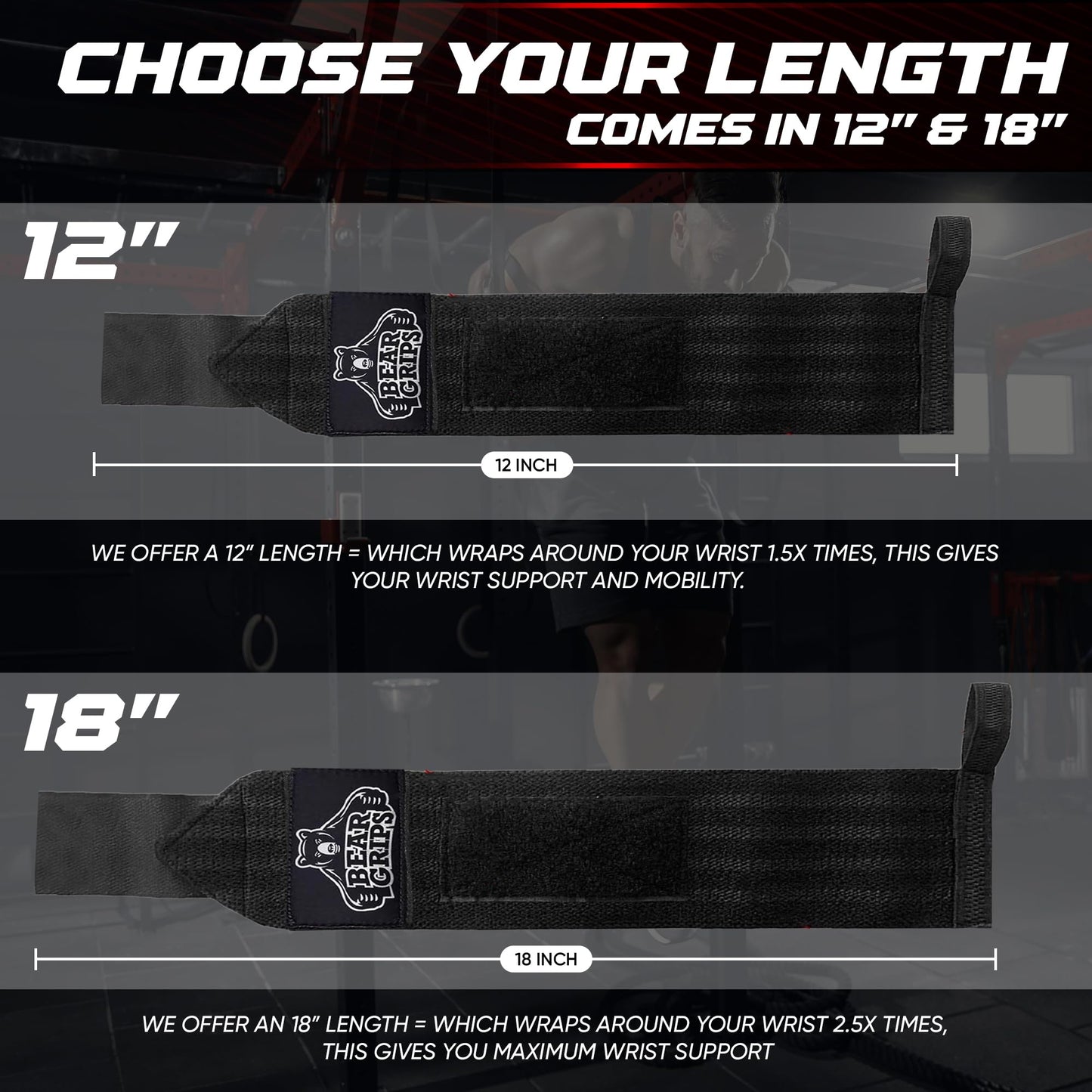 Bear Grips Wrist Wraps for Weightlifting | Weight Lifting Wrist Straps for Weightlifting | Extra Strength Gym Wrist Wraps | Two Wrist Wrap Per Pack | 12ā & 18ā | Lifting for Men & Women