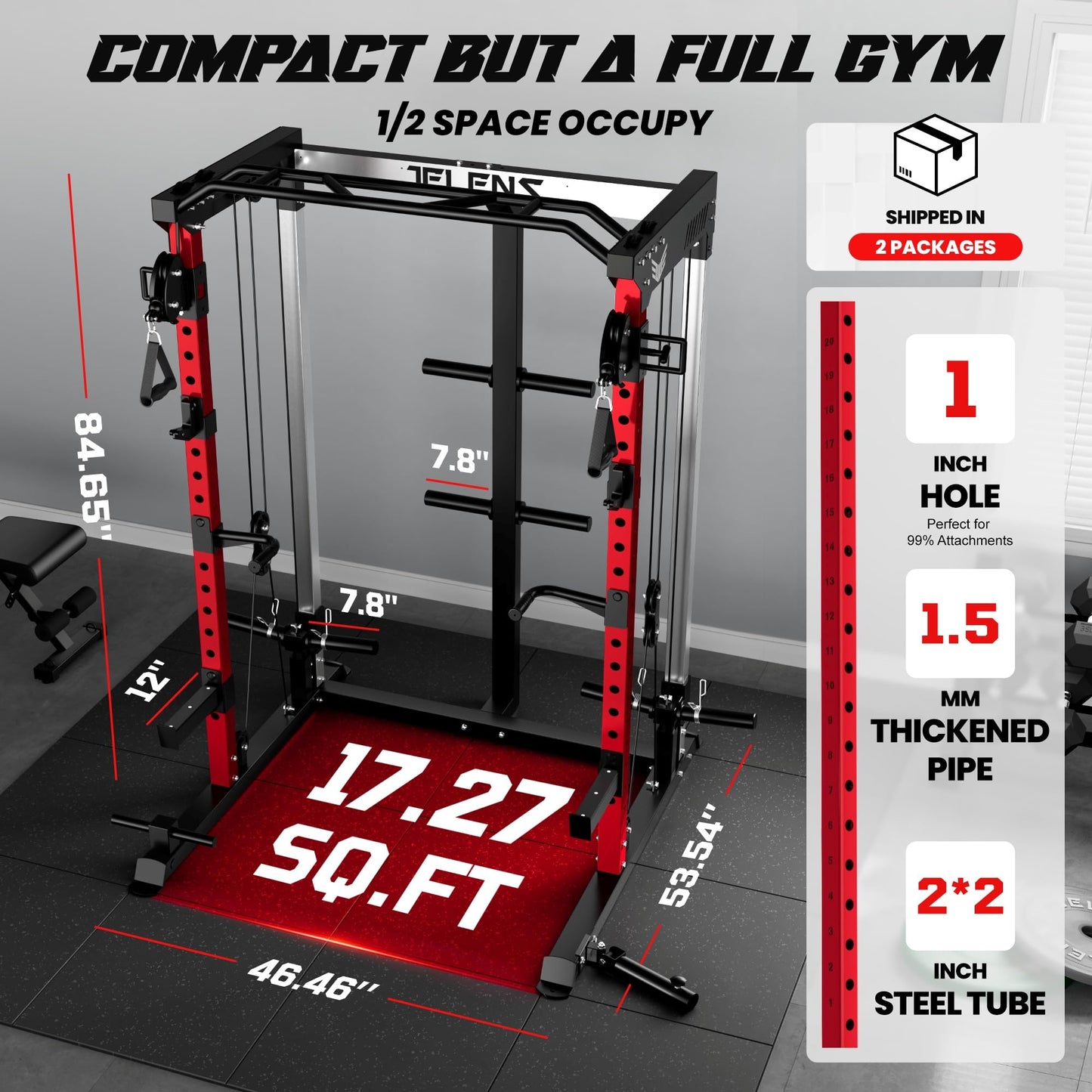JELENS C21 Power Cage, 2000LBS Multi-Function Power Rack with Independent Dual Pulley System, All-in-One Squat Rack for Cable Crossover, Home Gym Workout Machine (Red, 230LB Black Weights)