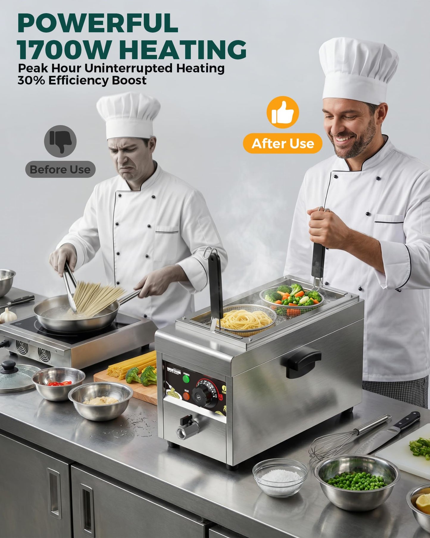 WantJoin Commercial Pasta Cooker - Electric Pasta Cooker with 2 Noodle Strainers, Precision Temp Control 86°F to 230°F, Cooking Machine w/Drain Valve for Spaghetti Ramen, Noodles and Vegetables