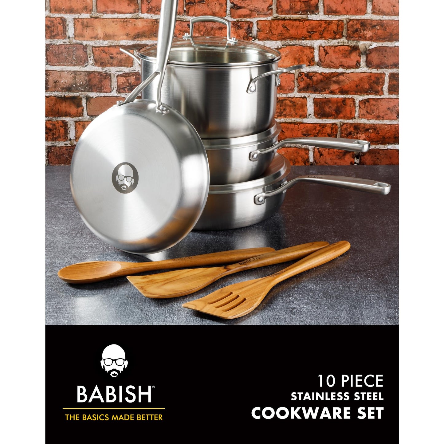 Babish 10-Piece Professional Tri-Ply Non-Toxic Pots and Pans Cookware Set – Durable, Even Heat Distribution for Cooking and Baking