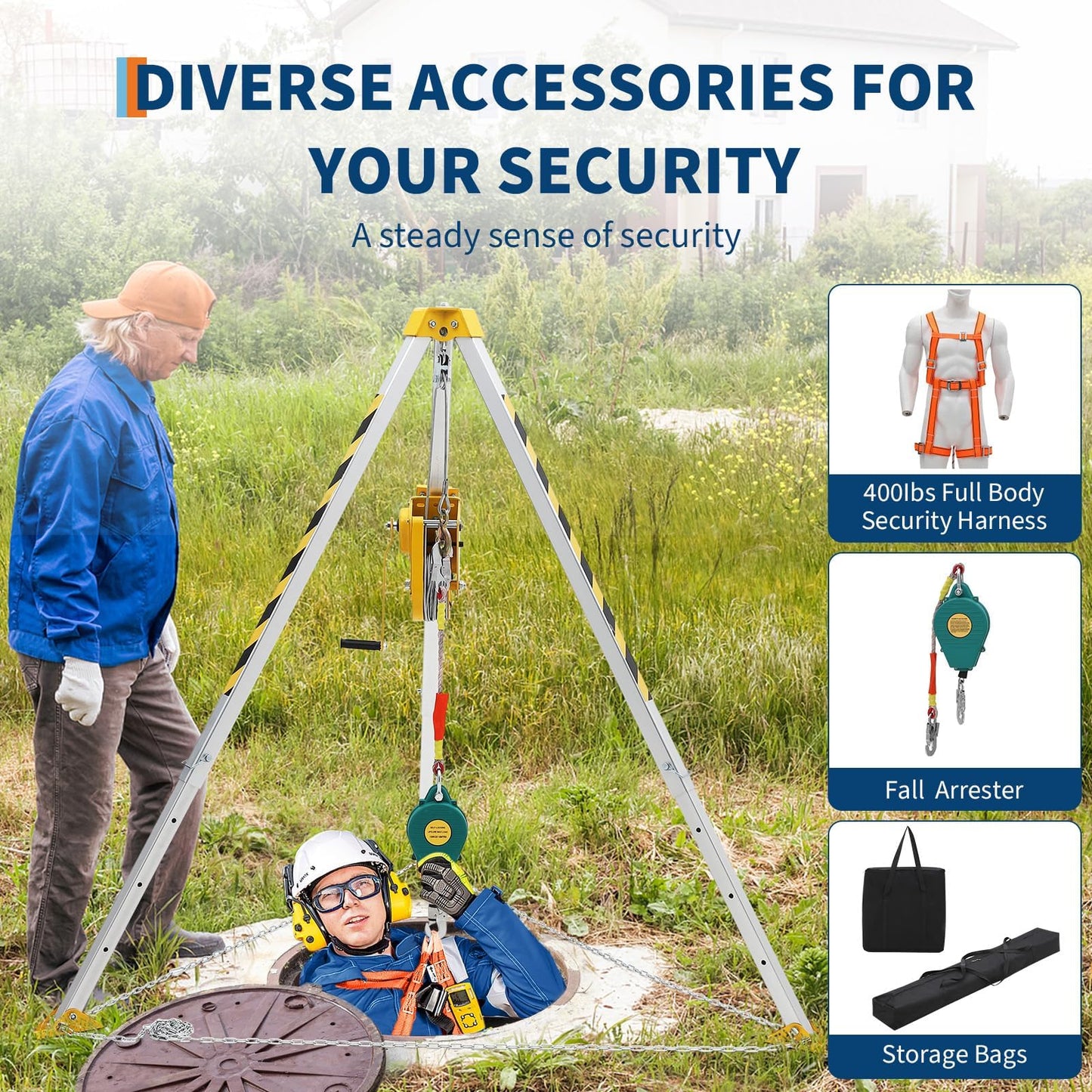 Confined Space Aid Tripod Kit – 1200 Lb Winch, 8' Adjustable Steel Legs, 98' Anti-Rotation Cable, 33' Fall Protection, Fall Arrester, Storage Bag – Industrial Equipment for Manhole & Tunnel Ope