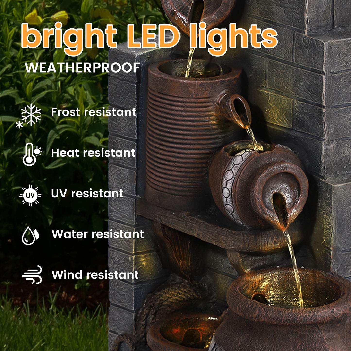 Dephet 6-Tiers Garden Waterfall Fountain Outdoor - 40''H Water Fountains and Waterfalls, Large Outdoor/Indoor Floor Standing Resin Water Fountain with LED Light for Patio, Garden and Home (Grey)