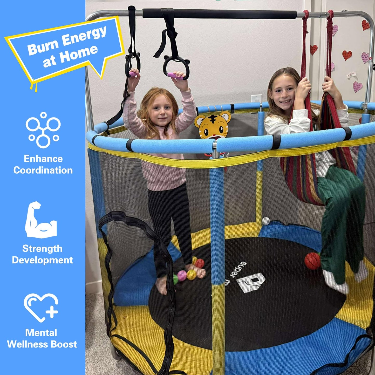 55" Indoor & Outdoor Trampoline for Kids with Enclosure, Toddler Trampoline with Adjustable Gymnastics Bar & Toys, No-Gap Safety Design (Yellow&Blue)