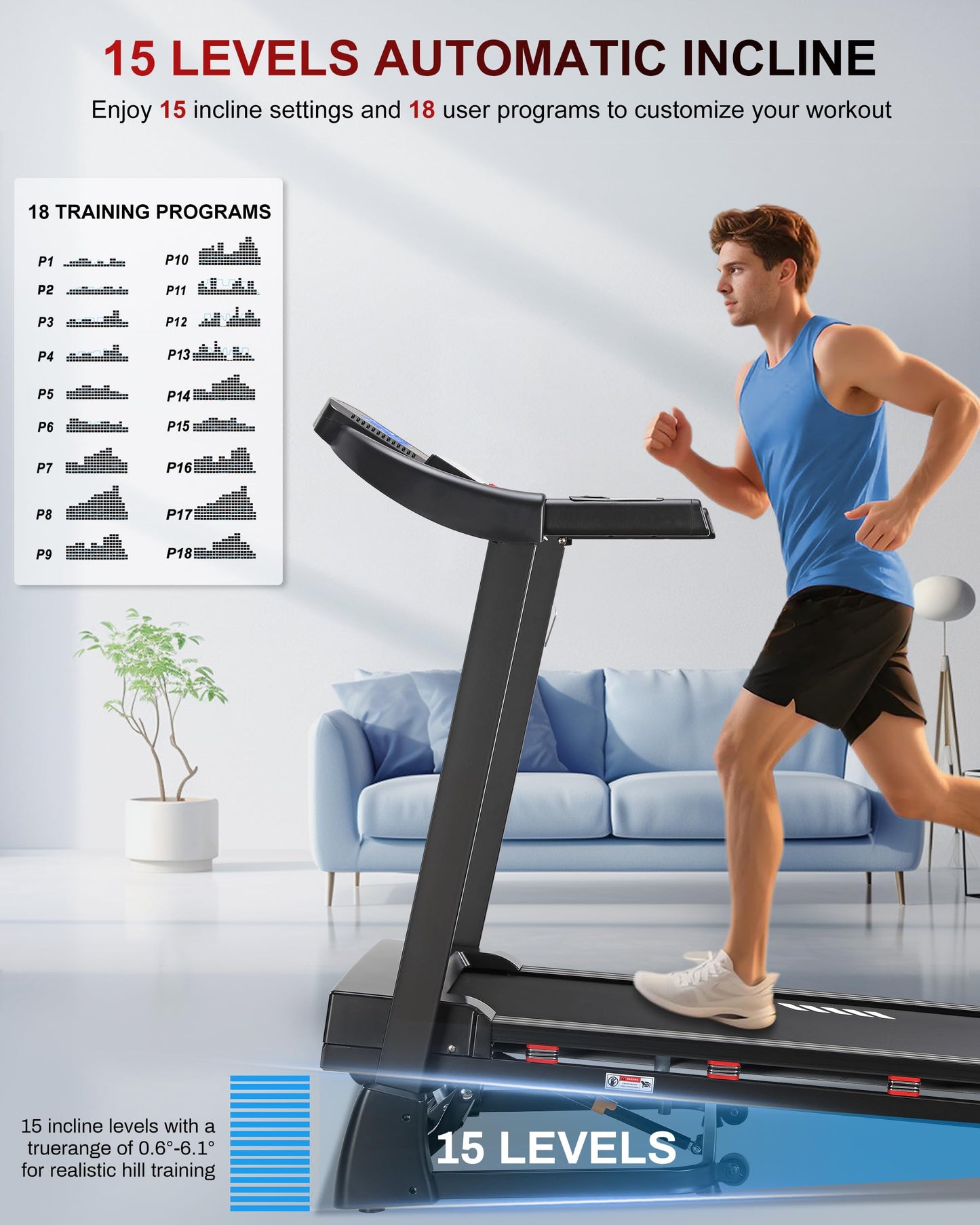 ECHANFIT Treadmill with 15-Level Auto Incline, Folding Treadmill for Home, 0.6-10 MPH, 350 LB Capacity, 18.11" Wide Running Belt, 3.5 HP, Shock Absorption, Bluetooth Speaker & App (Black)