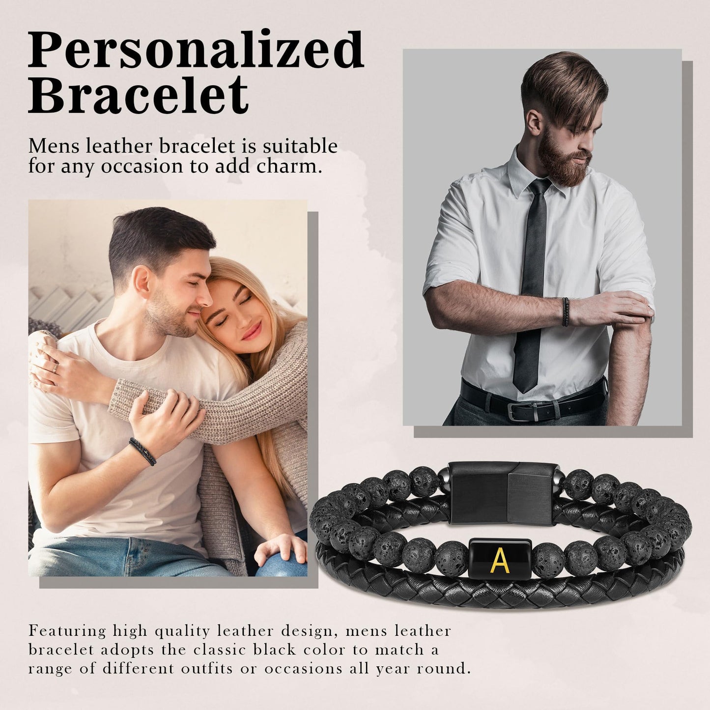 FOCOOG Gifts for Men Bracelet - Mens Gift Black Leather Bracelets for Men with Initial Lava Rock Bead Magnetic Clasp Leather Men's Initial J Bracelet for Men's Jewelry Mens Gifts for Dad Husband