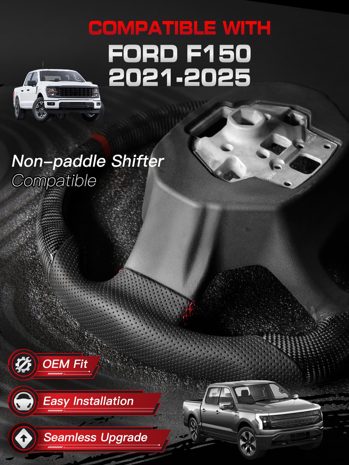 TESFEEL Real Carbon Fiber Steering Wheel for Ford F150 (2021-2025), D-Shape, Red Stripe & Stitching Nappa Leather, Includes Matching Trim, for F-150 XL, STX, XLT, SSV, Pro, Flash