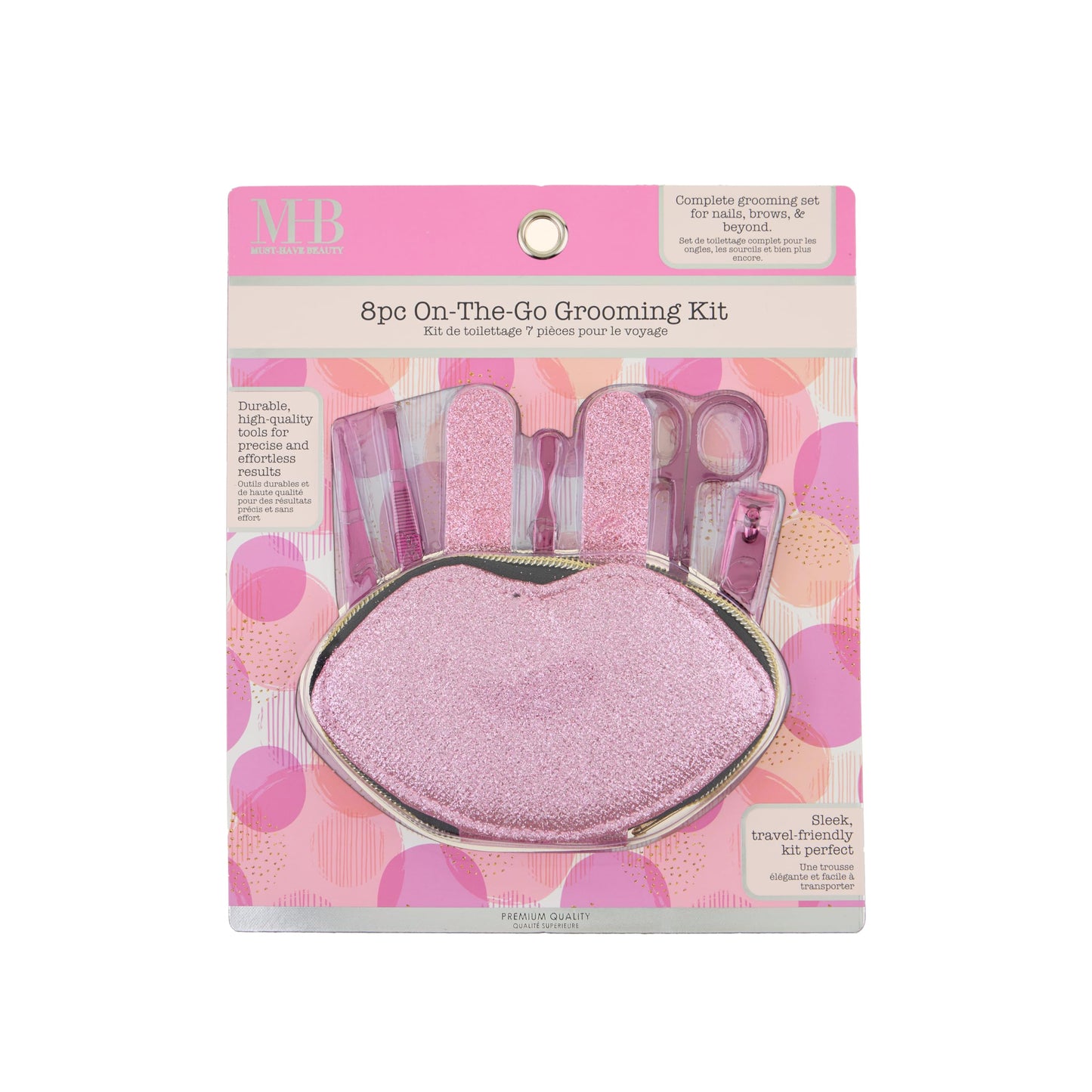 8pc On-The-Go Grooming Kit – Premium Manicure & Pedicure Set for Nails, Brows & Beyond – Complete Travel Grooming Tools with Pink Glitter Lip Case