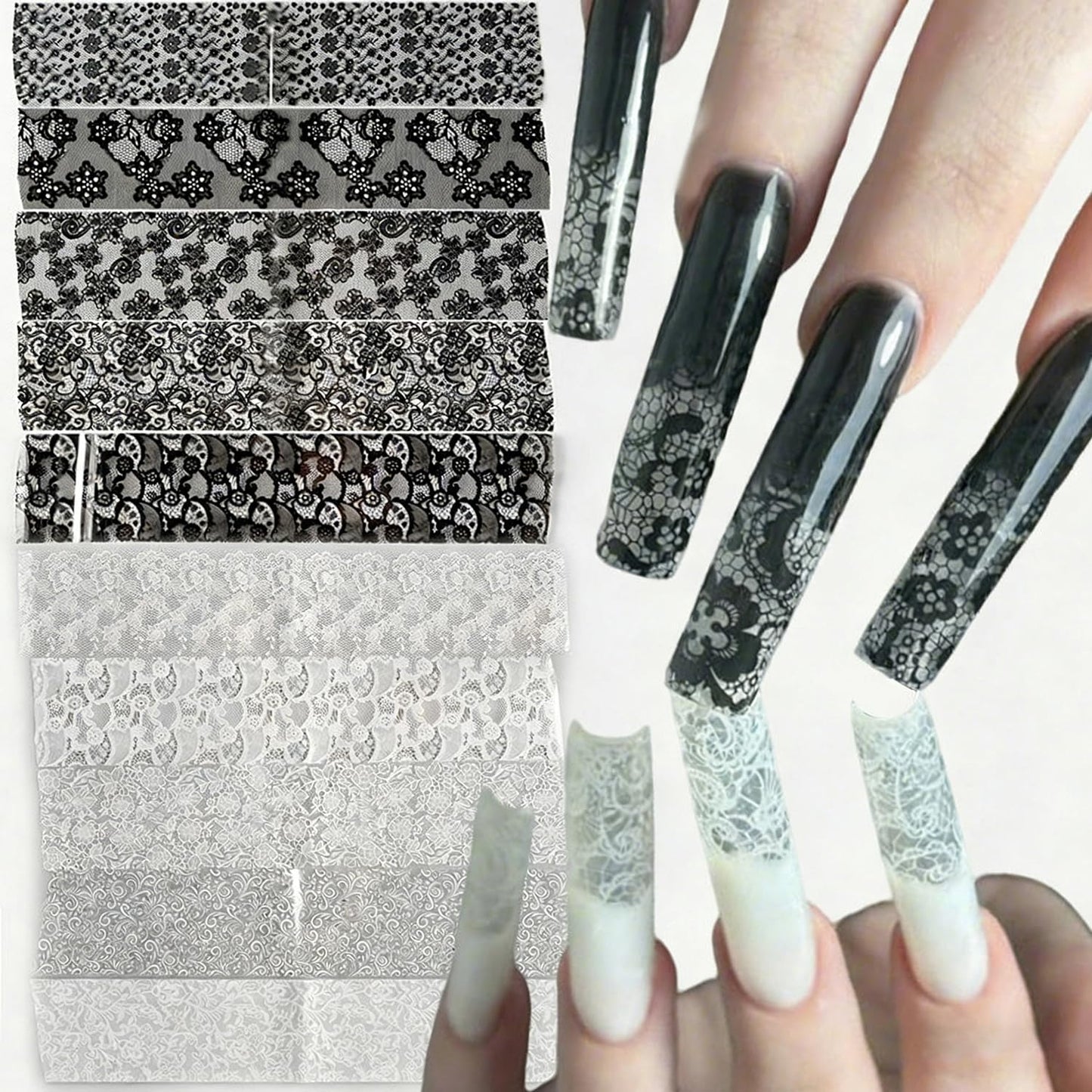 10 Sheets Lace Flower Nail Art Foil Transfer Stickers Black White Lace Nail Foils Transfer Nail Art Flowers Nail Supplies Decals Acrylic Nail Decorations for Women DIY Manicure Art Accessories