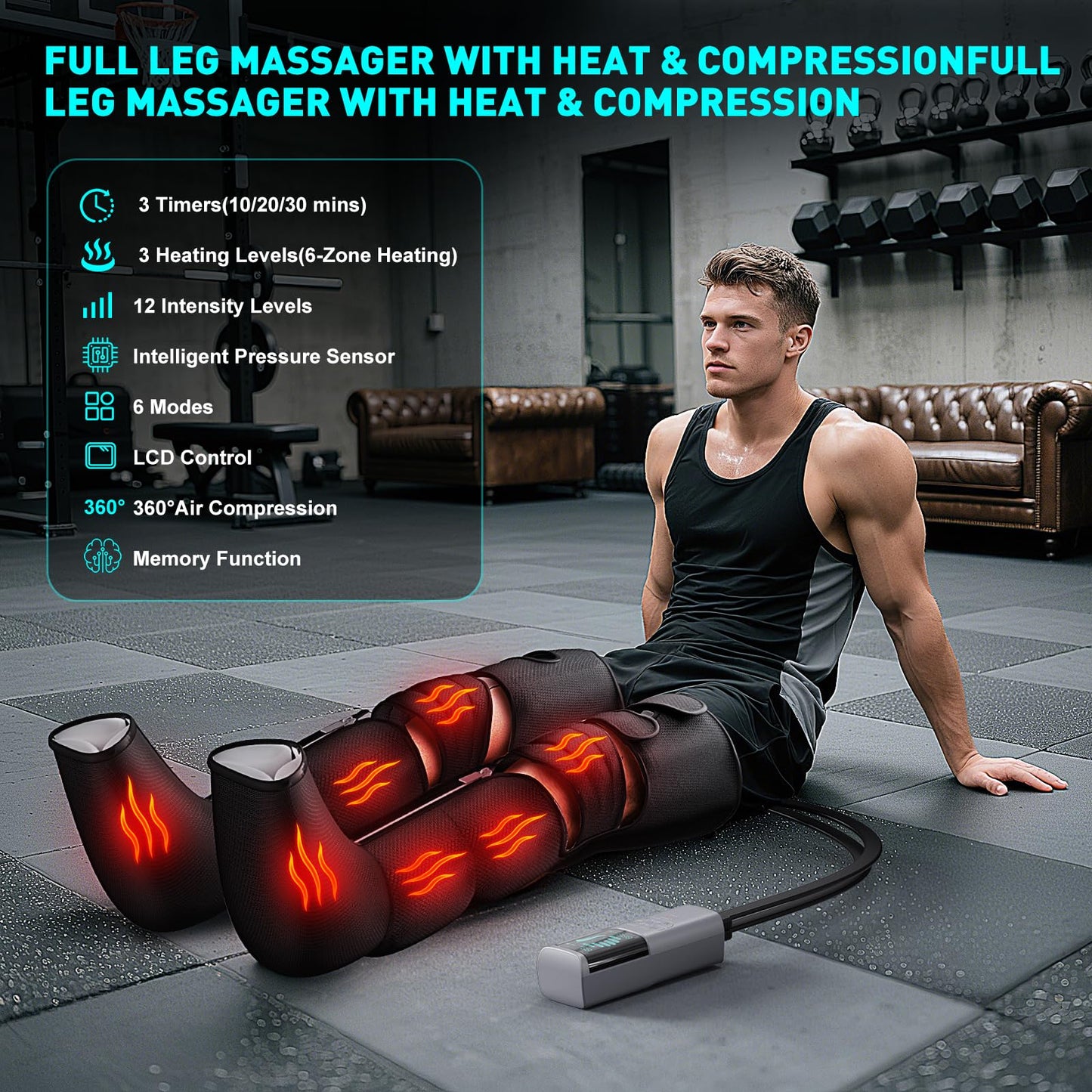 pryfey Leg Massager with Heat and Compression, Foot Massager for Circulation and Pain Relief, 3 Timers, 12 Intensity, 6 Modes,3 Heating with Knee Massager,Mother's Day Gifts for Man Woman,Black