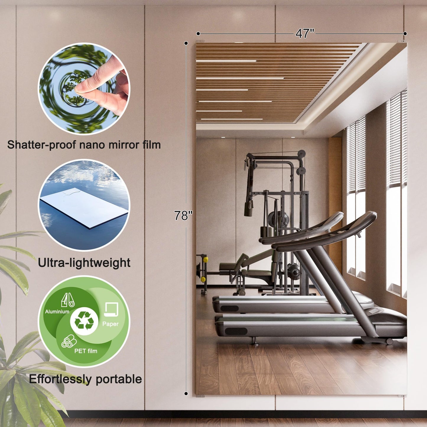 brisafe 2PCS 79"x47" Ultra-Light Wall Mirror for Home Gym & Yoga Studio, 9.9LB Shatterproof Full-Length Mirror with 0.04mm Nano Film, Easy Installation & Commercial Use (60% Insurance Savings)