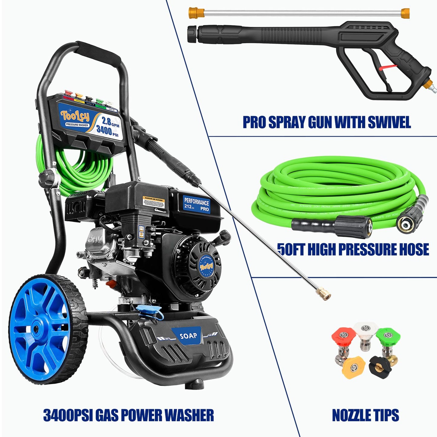 TOOLCY Gas Pressure Washer 3400 PSI & 2.8 GPM Max, High-Powered 212cc Engine, Enhanced Pump, 50FT Pressure Hose, Onboard Soap Tank, Foldable Handle, Kink-Less Swivel Spray Gun & 5 Nozzle Tips