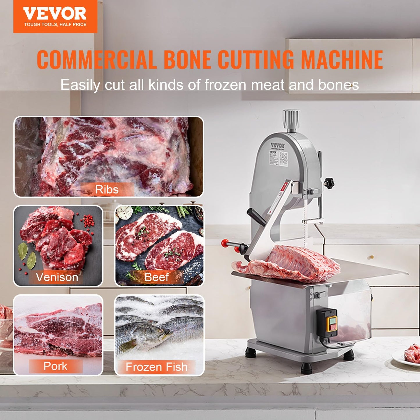 Commercial Electric Meat Bandsaw, 1500W Stainless Steel Countertop Bone Sawing Machine, Workbeach 19.3" x 15", 0.16-7.9 Inch Cutting Thickness, Frozen Meat Cutter with 6 Blades for Rib Pork Beef