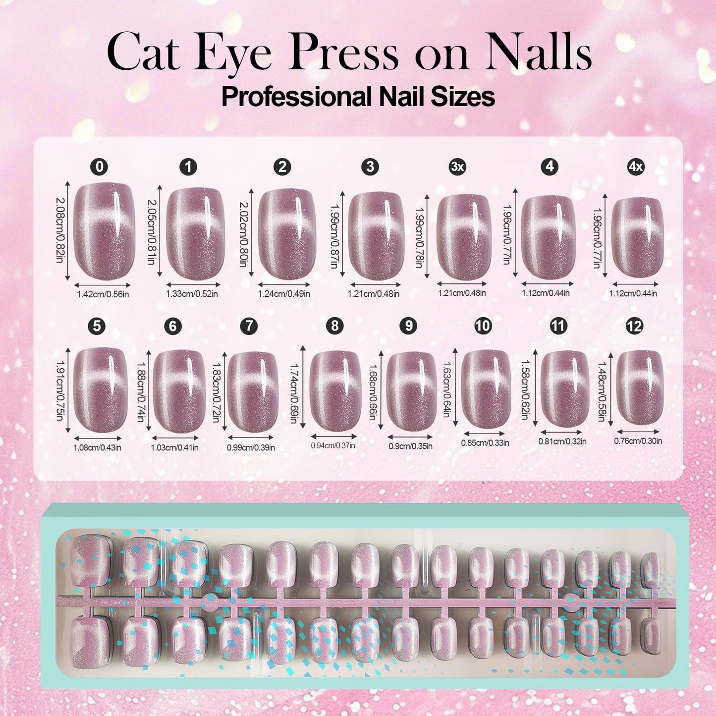 Vansiho 300Pcs Cat Eye Press on Nails, Glossy Glitter Cat Eye Designs Nail Tips for Women, Short Square Soft Gel Fake Nails, for Women and Girls Glossy Reusable Nail Tips in 15 Sizes