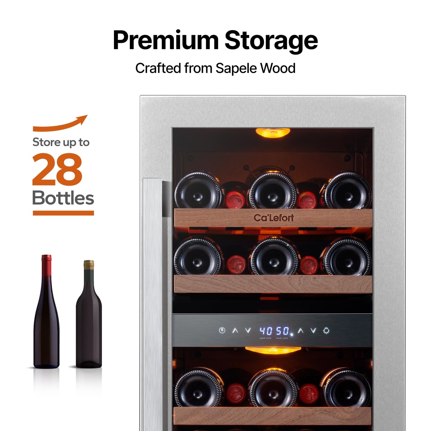 Ca'Lefort 15 Inch Wine Fridge, 28 Bottle Wine Cooler Refrigerator, 40-65°F Wine Refrigerator Glass Door, 3 LED Dual Zone Wine Fridge, Built-in or Freestanding Fridge for Home/Bar/Kitchen (3.0 cu.ft)