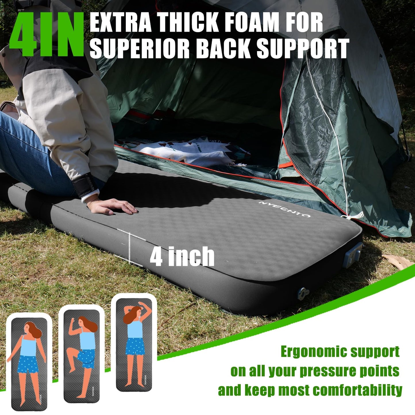 NYECHTO Self Inflating Sleeping Pad for Camping, 4" Extra-Thick Memory Foam Camping Mattress with Electric Pump, Fast Inflate & Deflate, 9.5 R-Value Insulated Camping Pad for Car Travel Tent Cot, Grey