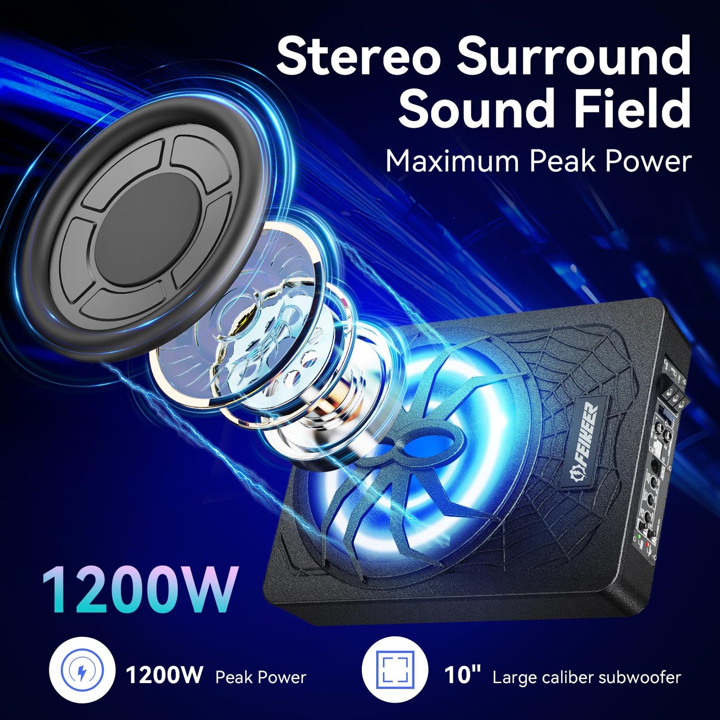 Feikeer 2026 10" 1200W UnderSeat Car Subwoofer, with Multicolor LED Lighting, Deep Bass Enhancement. Subwoofer and Amp Package for a Dynamic Driving Experience with Bass Melodies