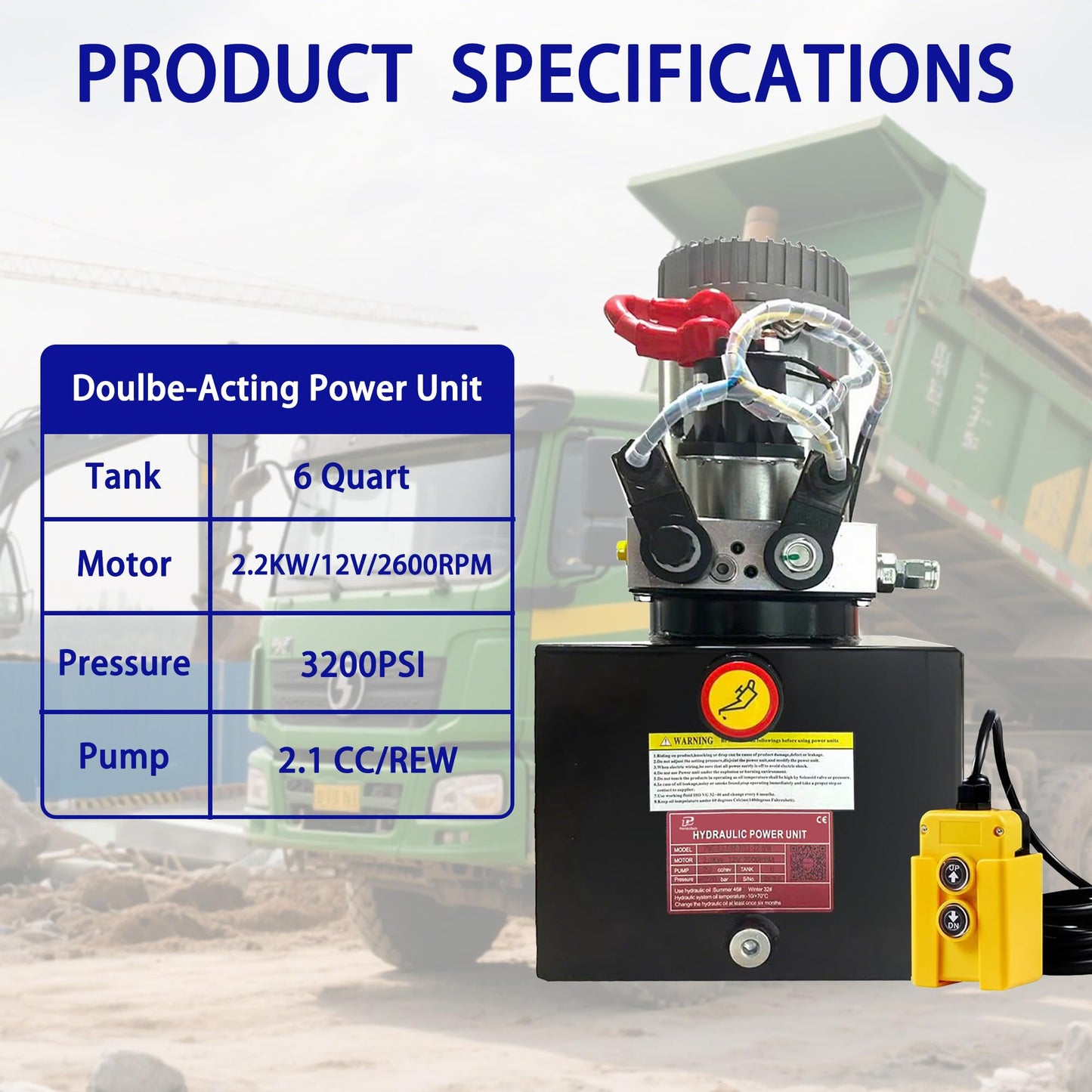 ParnicoTech Hydraulic Pump 6 Quart Double Acting Hydraulic Power Unit 12V DC, 3200 PSI Max Relief Pressure, Hydraulic Pump Dump Trailer Hydraulic Pump, SAE # 6 Port,Steel