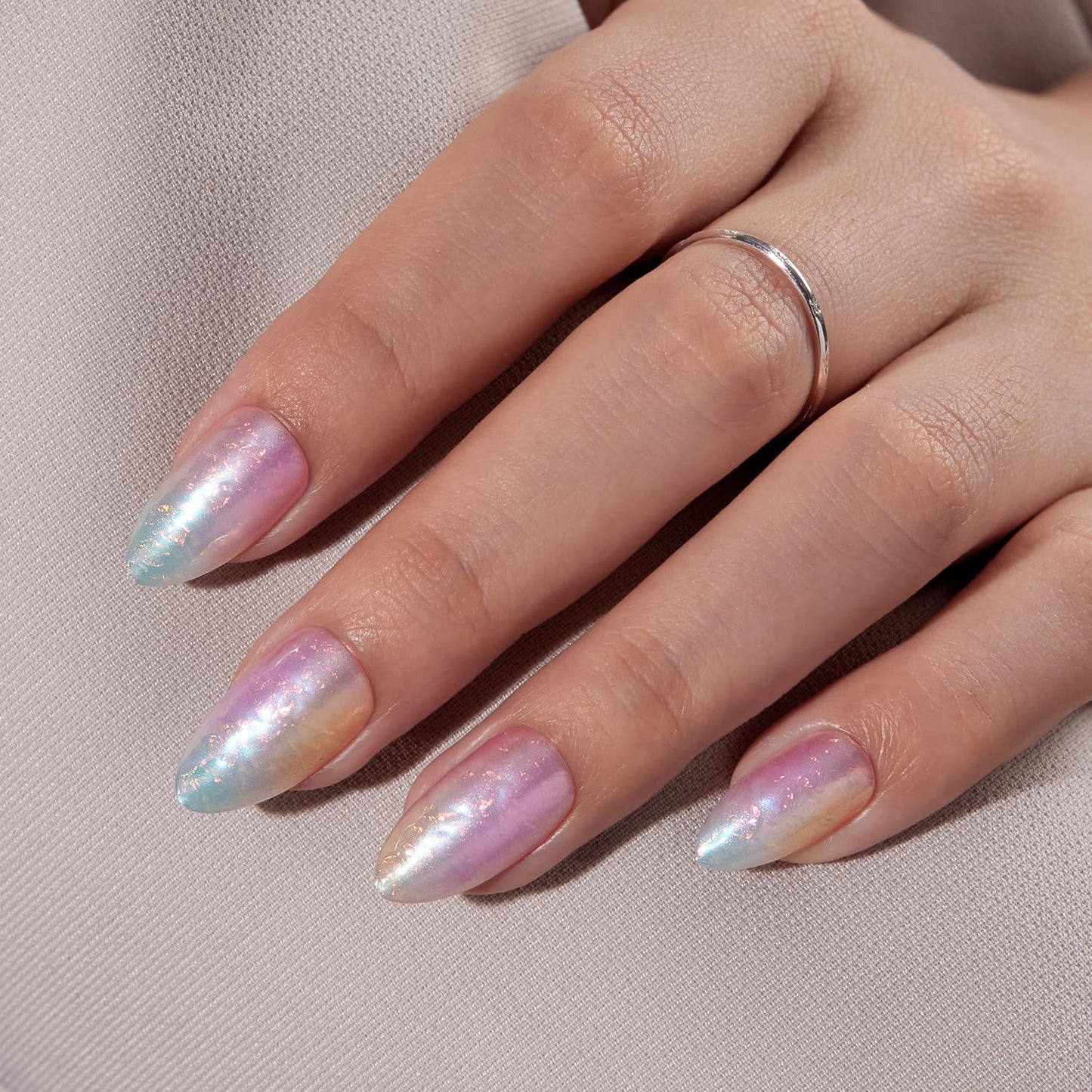 VSALON Press on Nails Medium Almond - Colorful Sfumato Golden Foil Nails Kit for Women, Reusable Spring Summer Opaque Soft Gel Fake Nails with Glue & Cuticle Oil - 32 PCS Glue On Nails in 16 Sizes