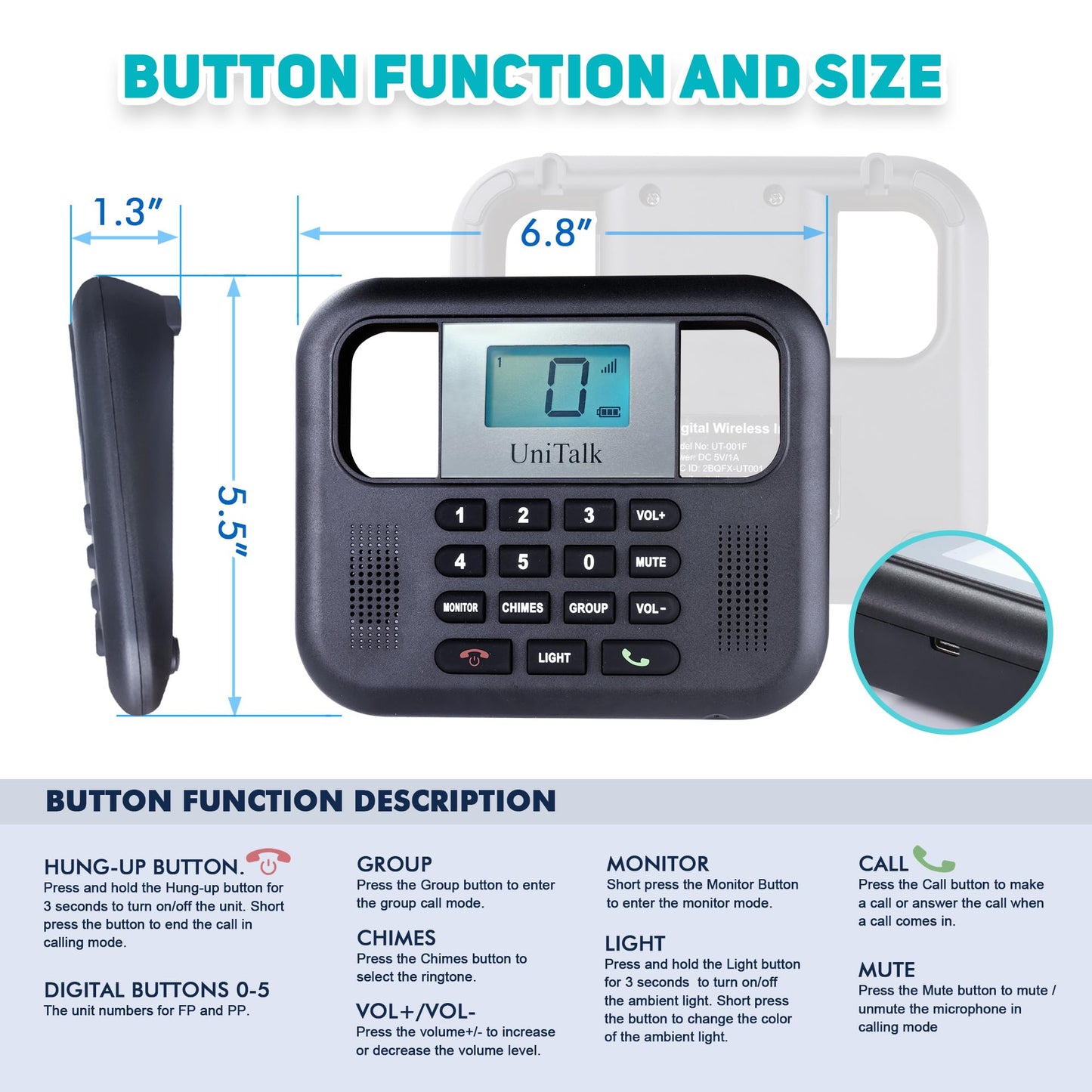 UniTalk Wireless Intercoms for Home & Office, Two-Way Real-time Full-Duplex Voice System with Offline Voice Control,Group Call & Monitor Function, Clear Sound, Long Range Up to 1/4 Mile (UT-001-1F1P)