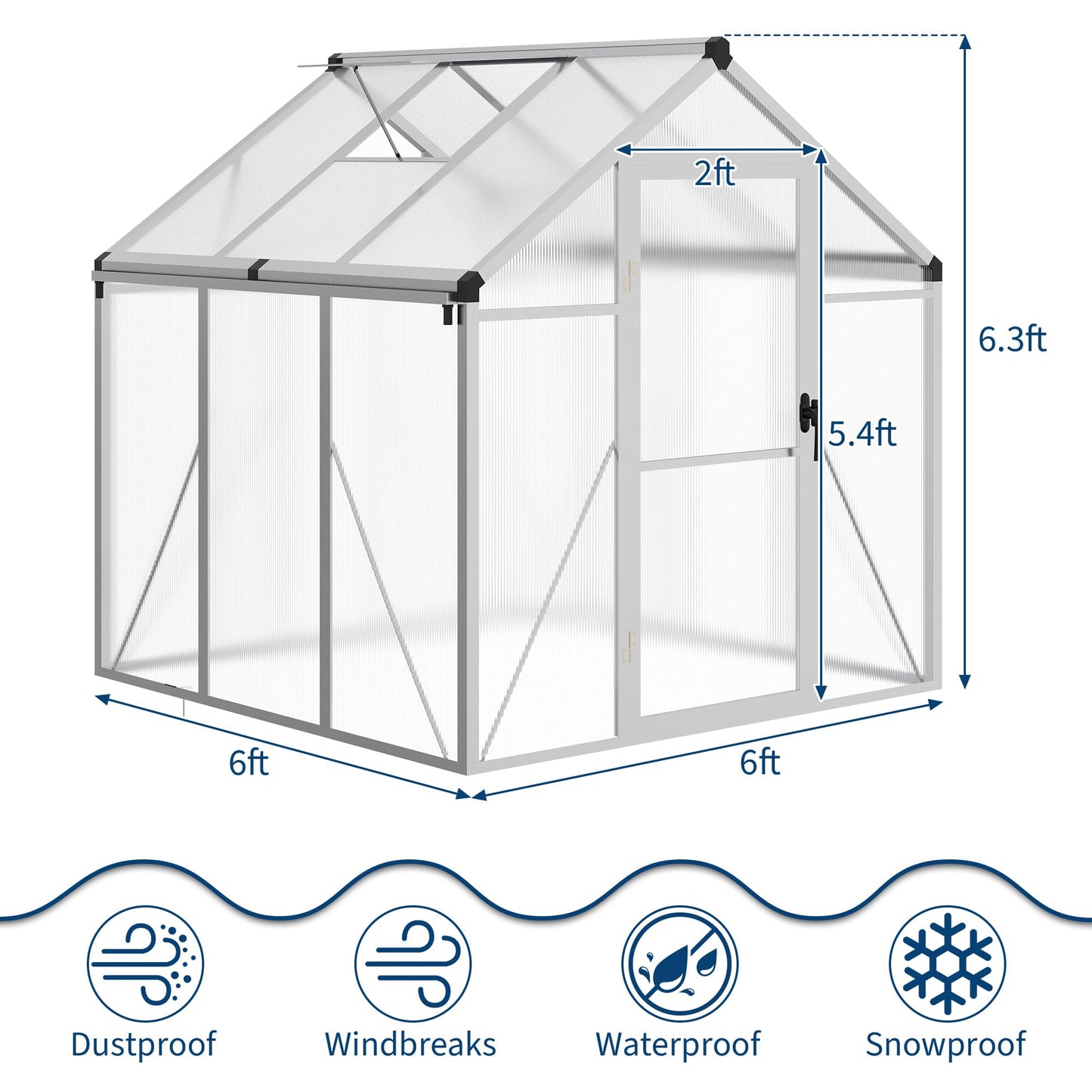 6 X 6 FT Greenhouse, Outdoor Greenhouses, Polycarbonate Panels with Aluminum Frame, Adjustable Roof Vent and Lockable Door, Green Houses for Outside Backyard, Garden, Patio