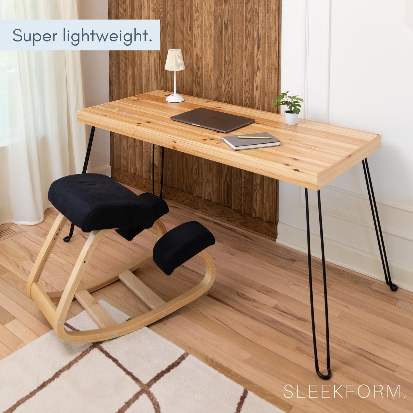 Sleekform Wooden Folding Desk, Small Folding Table Portable with Collapsible Hairpin Legs, Austin Kneeling Chair, Home Office Ergonomic Computer Desk Stool