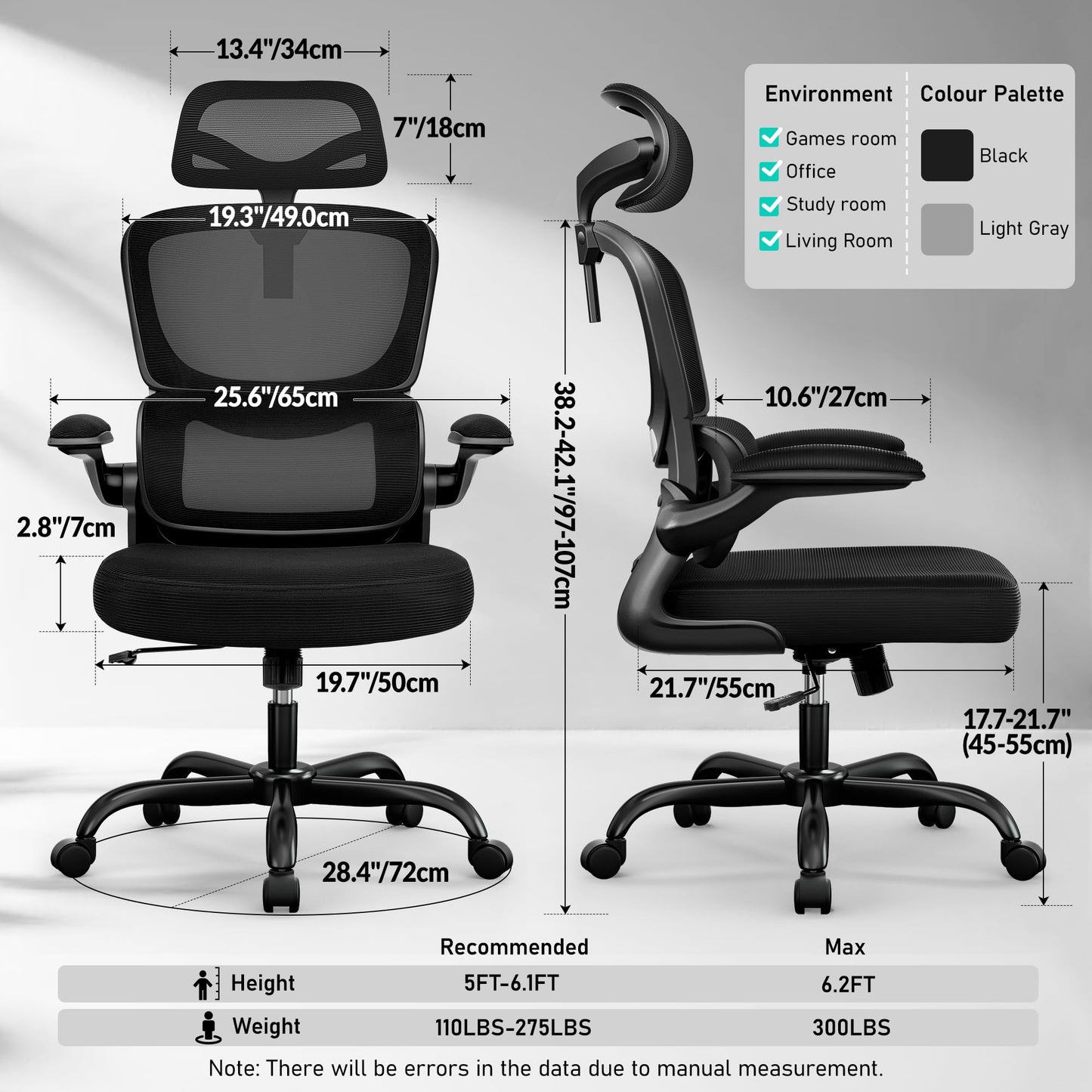 BESTFAIR High Back Ergonomic Office Chair, Breathable Mesh Desk Chair with Lumbar Support, Adjustable Headrest, Flip-up Armrests, Computer Gaming Chair, (Black, 1Pack)