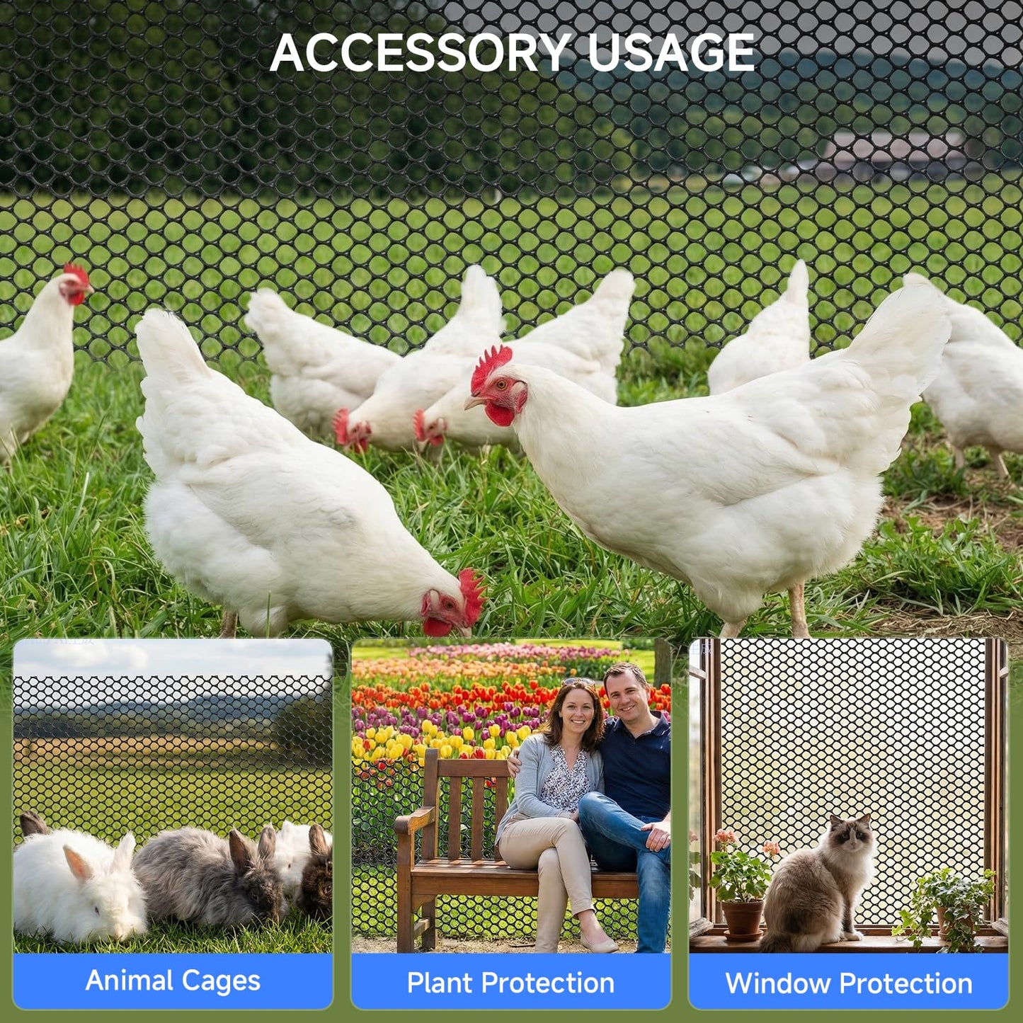 Plastic Chicken Wire Mesh Roll, 16INx50FT Black Chicken Wire Fencing Poultry Netting Garden Fence for Chicken Coop, Cat Balcony Protection Pet Barrier Plant Protectors from Animals Temporary Fencing